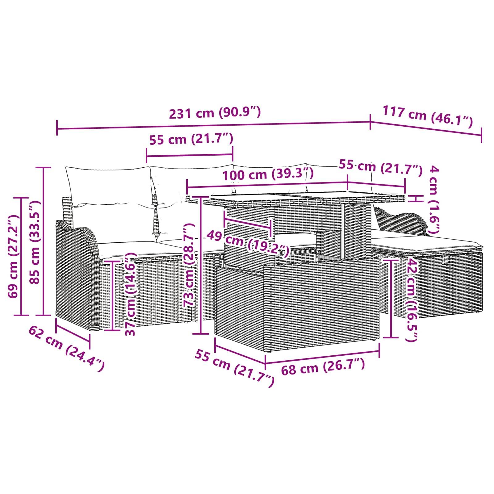 Rattan-Gartensektional-Sofa mit Couchtisch, dargestellt in einem Maßstabdiagramm mit Abmessungen in cm und Zoll für jedes Einzelteil und die Gesamtbreite.