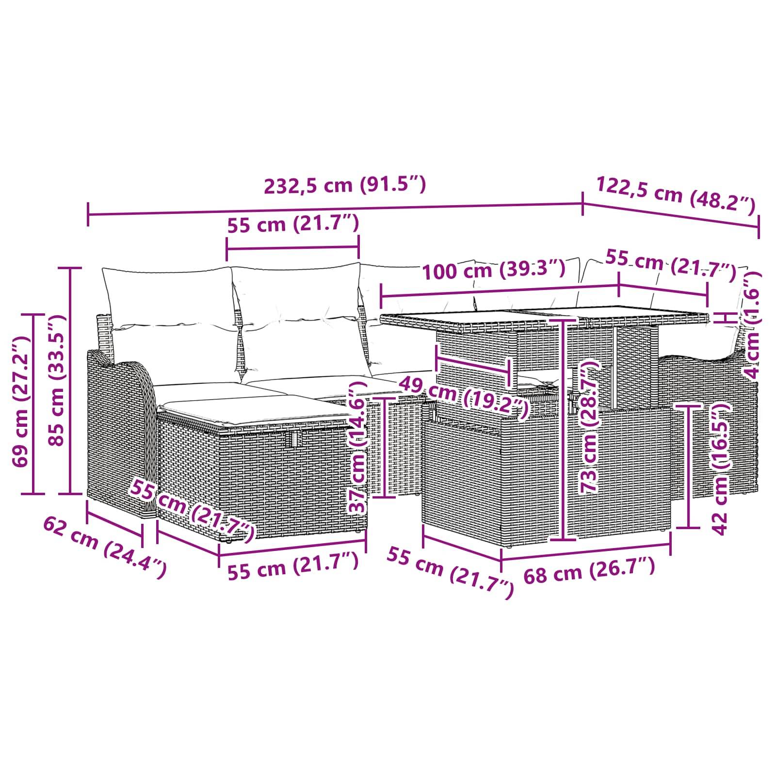 Diagramm eines Outdoor-Ecksofa mit Beistelltisch, das Abmessungen in cm und Zoll für jedes Teil und die Gesamtbreite, Tiefe und Höhe zeigt.