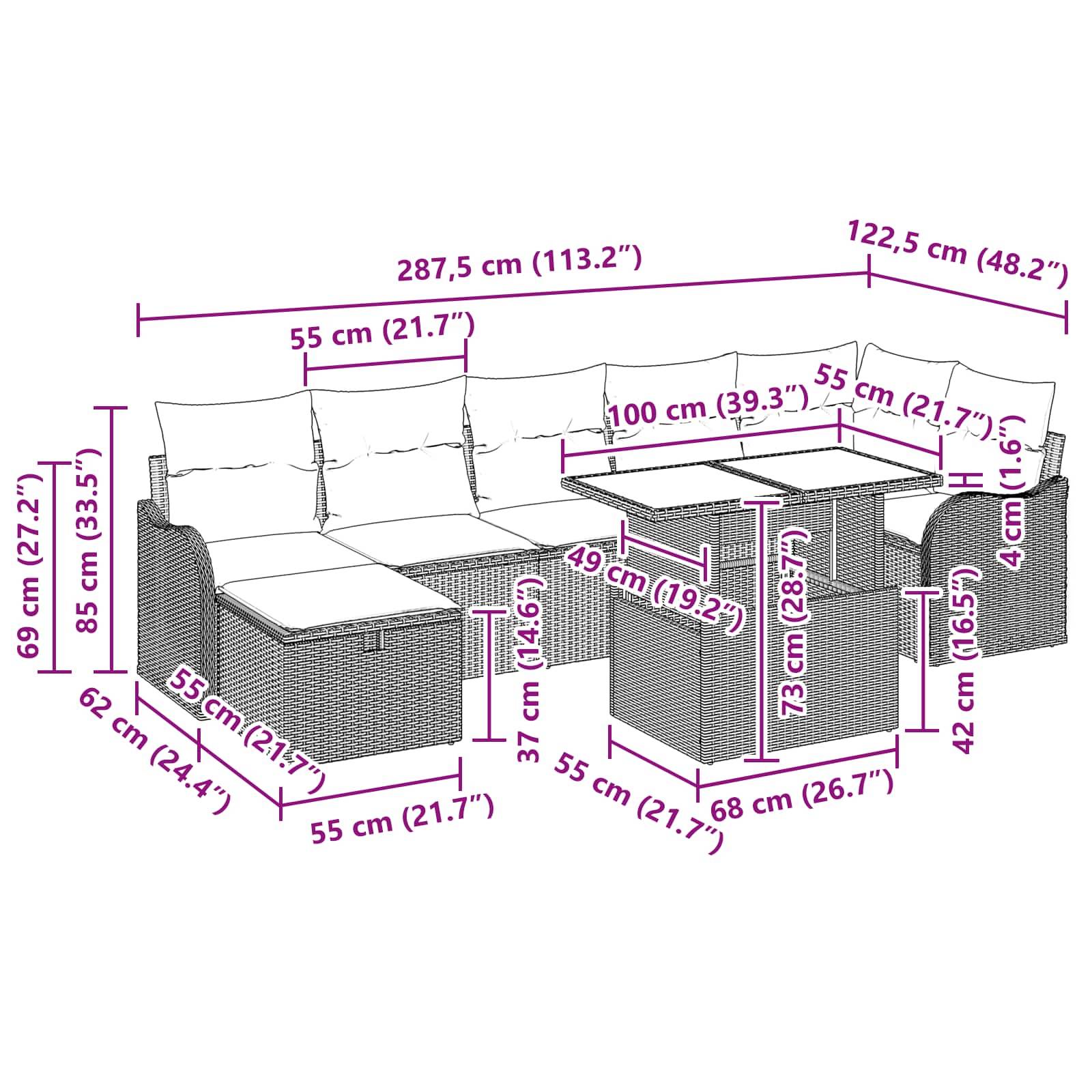 Maßstabgerechte Zeichnung eines Korb-Außenbereichs-Ecksofa mit Chaiselongue und Tisch, das die Gesamtbreite von 287,5 cm, Sitz- und Tischabmessungen sowie Höhen in cm/Zoll zeigt.