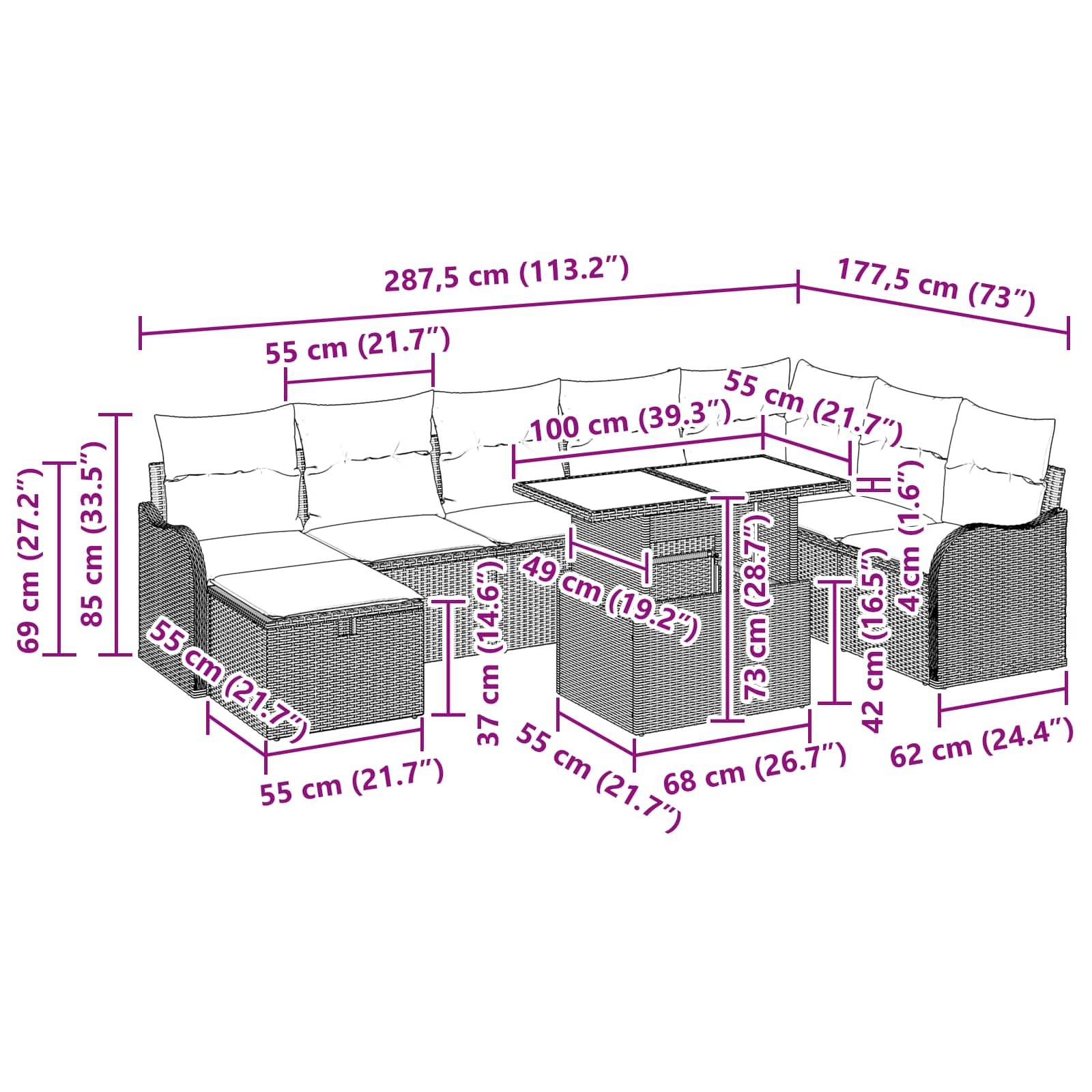 Bemaßtes Diagramm eines Outdoor-Ecksofa-Sets mit Ottomane und Couchtisch, zeigt Gesamtbreite, Tiefe und Höhenmessungen in cm und Zoll.