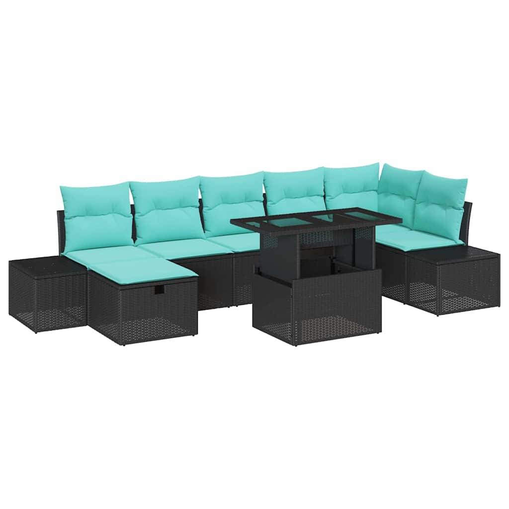 Schwarzes Rattan-Außensofa mit türkisfarbenen Kissen und passendem quadratischem Couchtisch auf weißem Hintergrund.