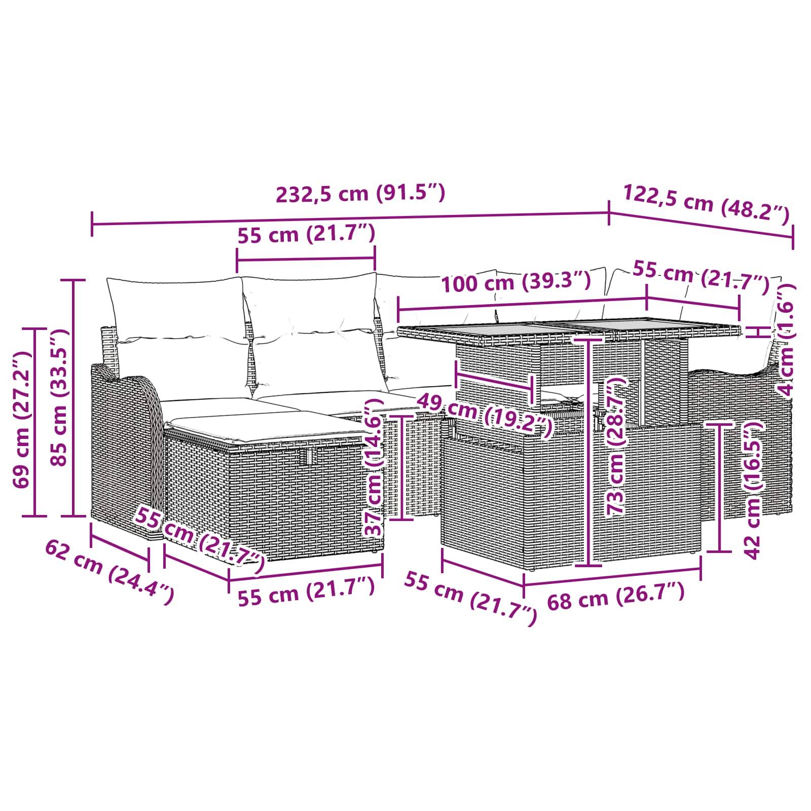 Maßstabgerechtes Diagramm einer Rattan-Außensektion mit Sofa, Ottomanen und Beistelltisch, das Gesamt- und Komponentenmessungen in cm und Zoll zeigt.