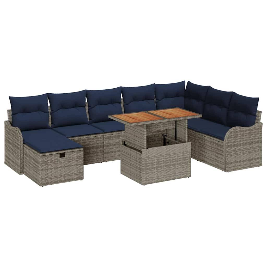 Outdoor-Loungeset mit marineblauen Kissen, Rattan-Rahmen und passendem Couchtisch mit Hubfunktion und Holzoberfläche.