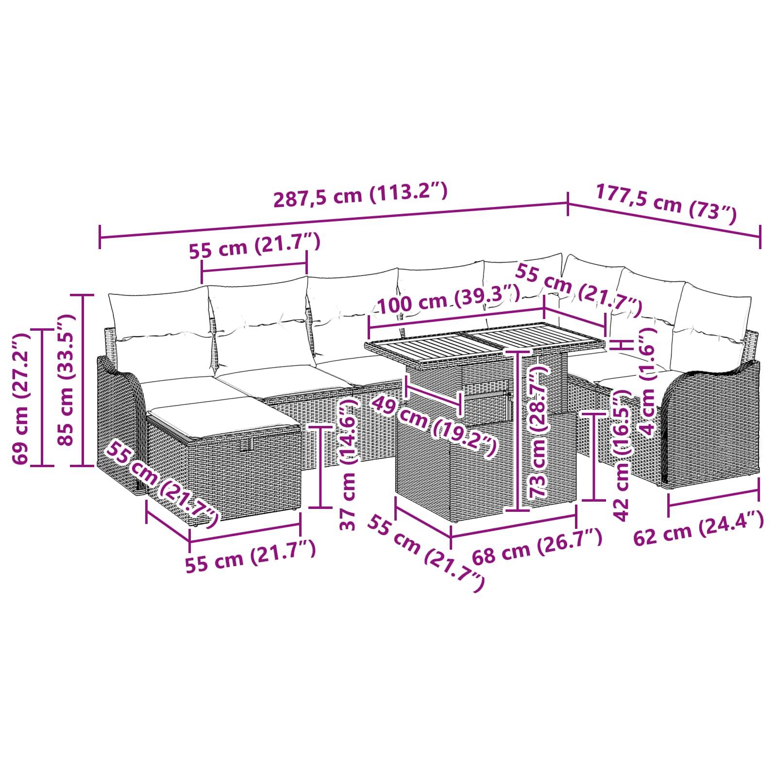 Maßstabzeichnung eines modularen Outdoor-Sitzmöbelsatzes mit Ottomane und Tisch, mit Gesamt- und Komponentenabmessungen in cm und Zoll.