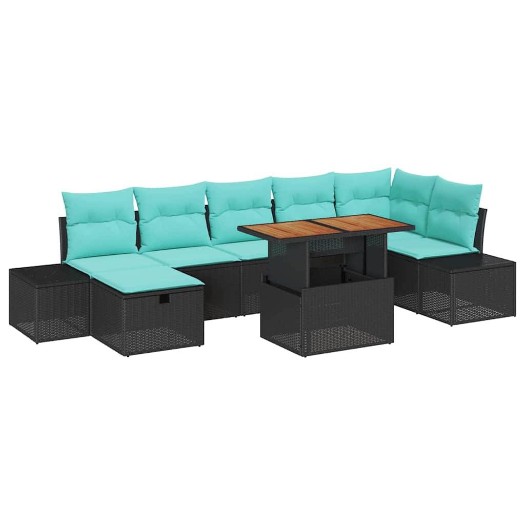 Outdoor-Sitzmöbelset aus Sektionen mit türkisfarbenen Kissen, schwarzen Rattanrahmen und einem Couchtisch mit Holzplatte auf weißem Hintergrund.