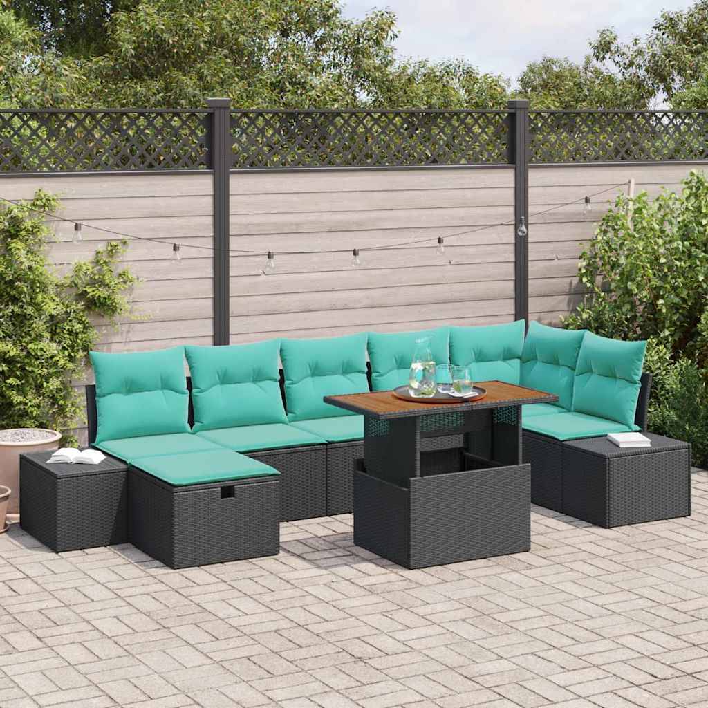 Gartenmöbel-Set für die Terrasse mit türkisen Kissen und zentralem Tisch auf einer gepflasterten Terrasse neben einem Zaun und Pflanzen.