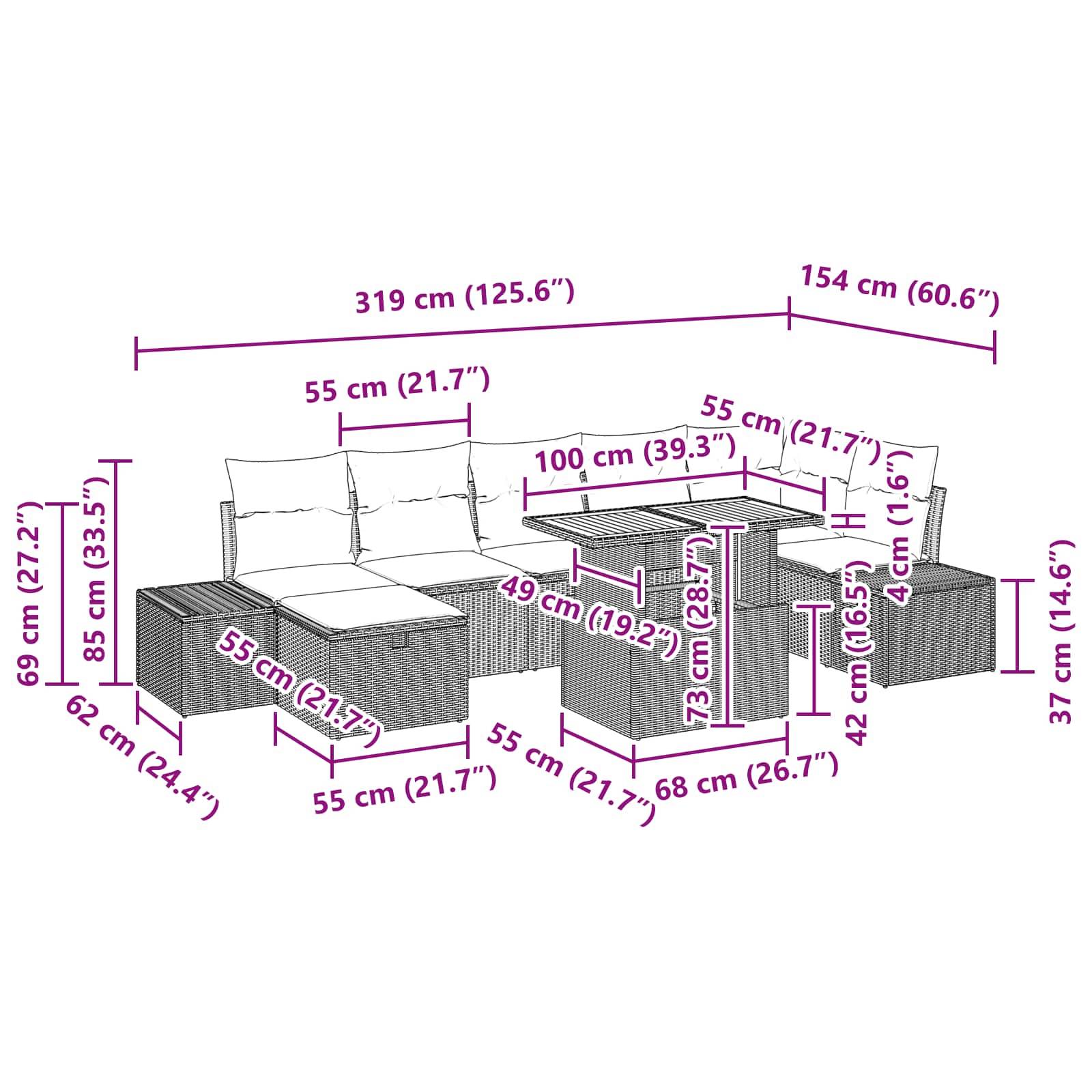 Diagramm eines Outdoor-Modulsofas und Couchtisches mit beschrifteten Abmessungen in cm und Zoll, das die Gesamtgröße sowie einzelne Maße für Sitze, Tisch und Armlehnen zeigt.