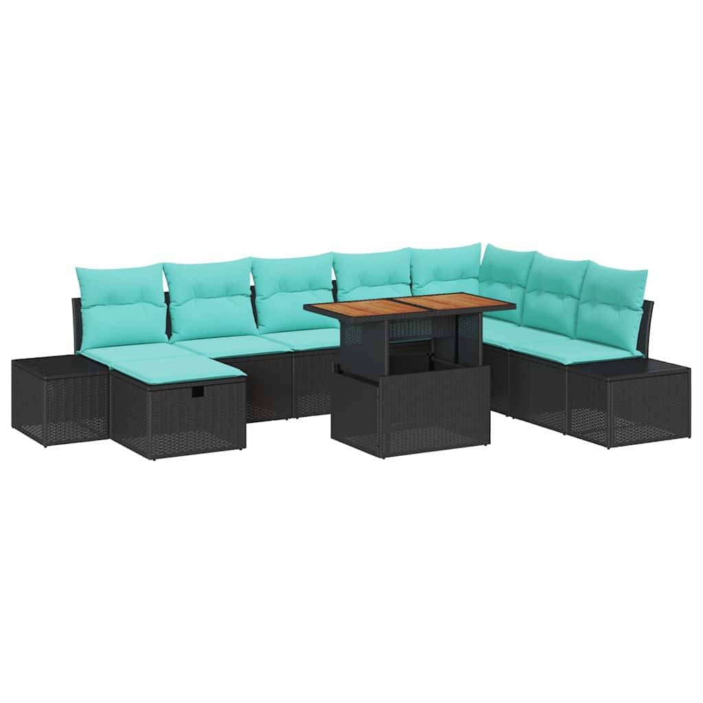 L-förmiges Outdoor-Sitzmöbel-Set mit türkisfarbenen Kissen, schwarzen geflochtenen Untergestellen und einem Couchtisch mit Holzplatte.
