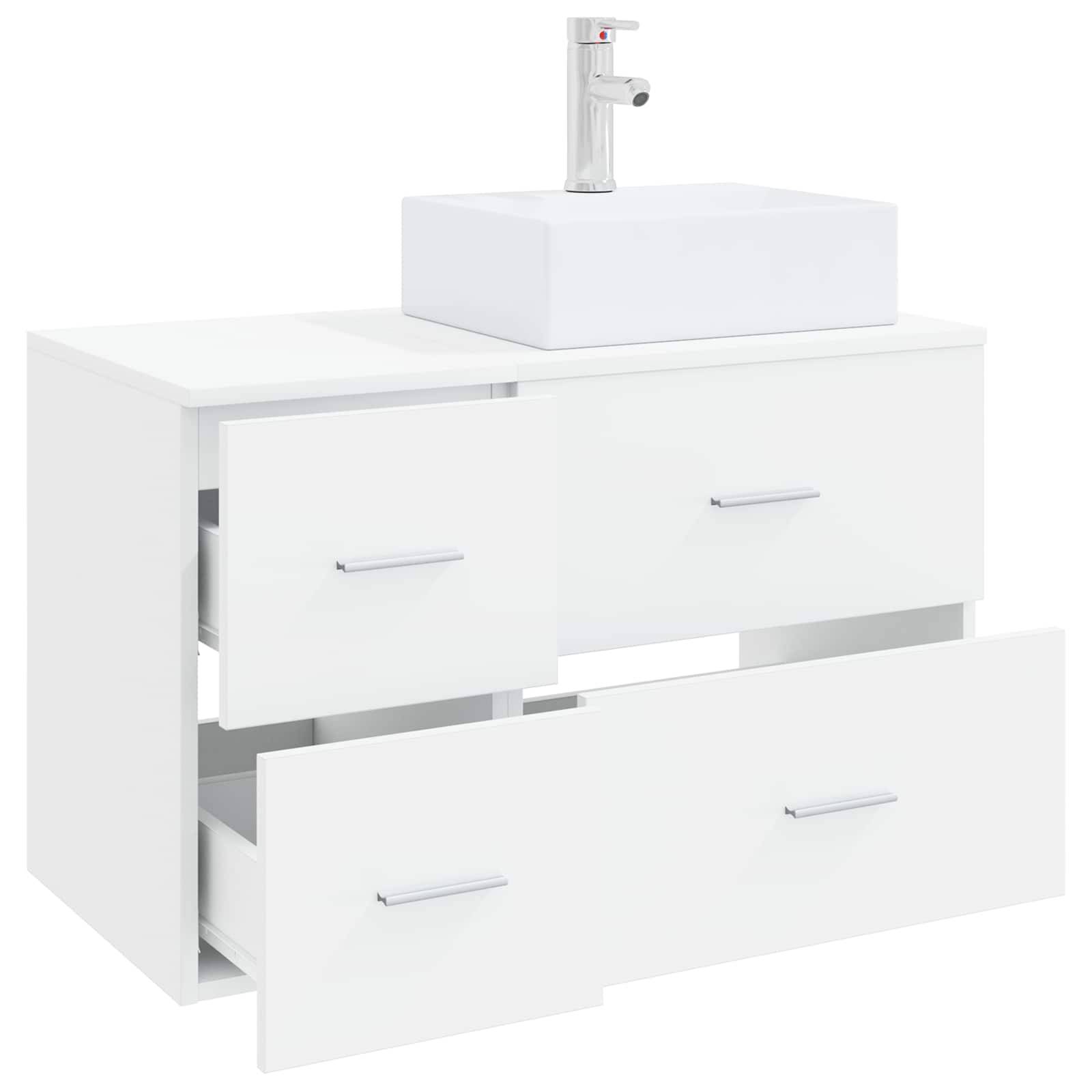 Weißer Badezimmer-Waschtischschrank mit rechteckigem Waschbecken und verchromtem Wasserhahn, mit vier Schubladen und zwei offenen Schrankfächern.