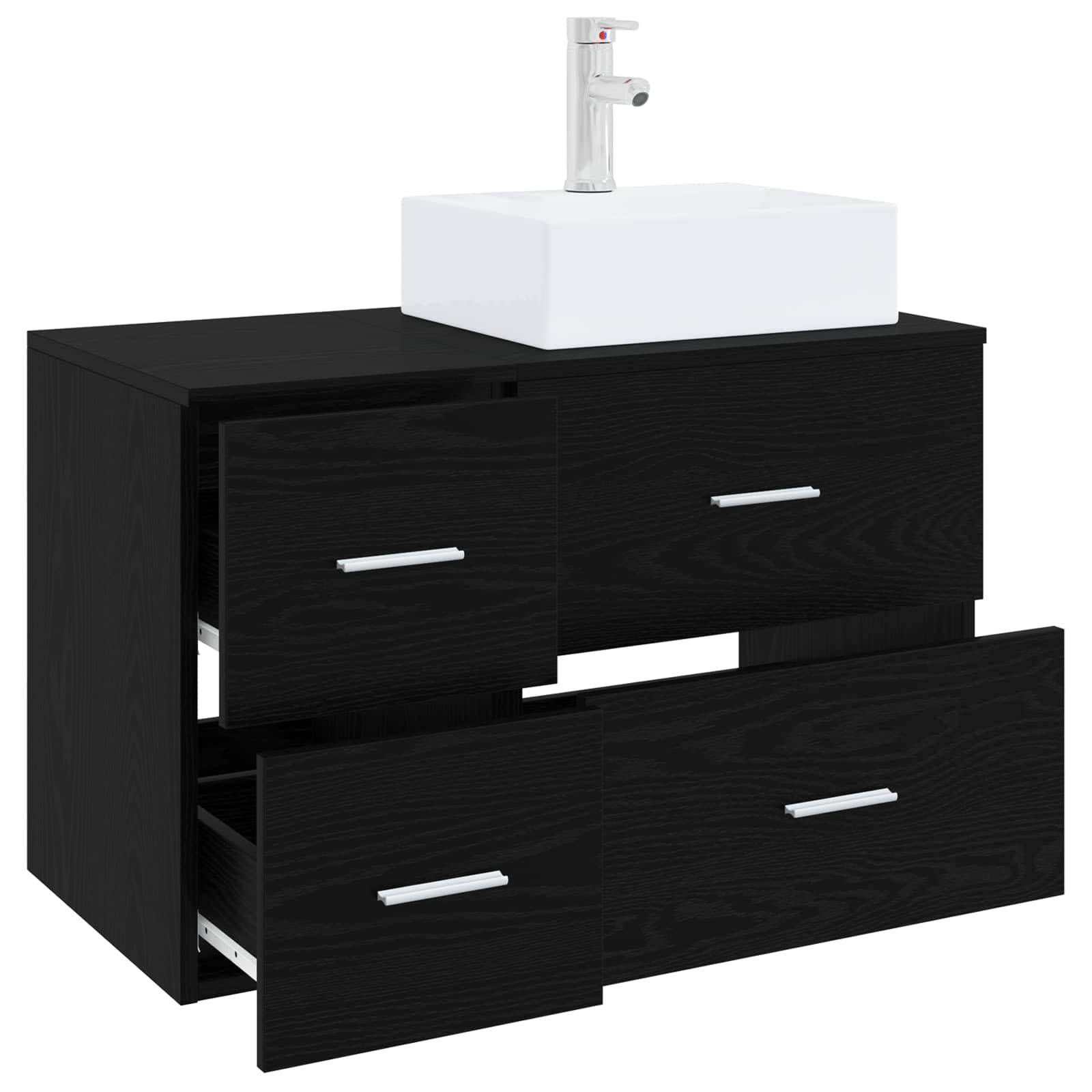 Schwarzes Badezimmer-Waschtischunterschrank mit einem weißen Waschbecken und silbernem Wasserhahn, dargestellt mit vier Schubladen, zwei davon offen zur Lagerung.