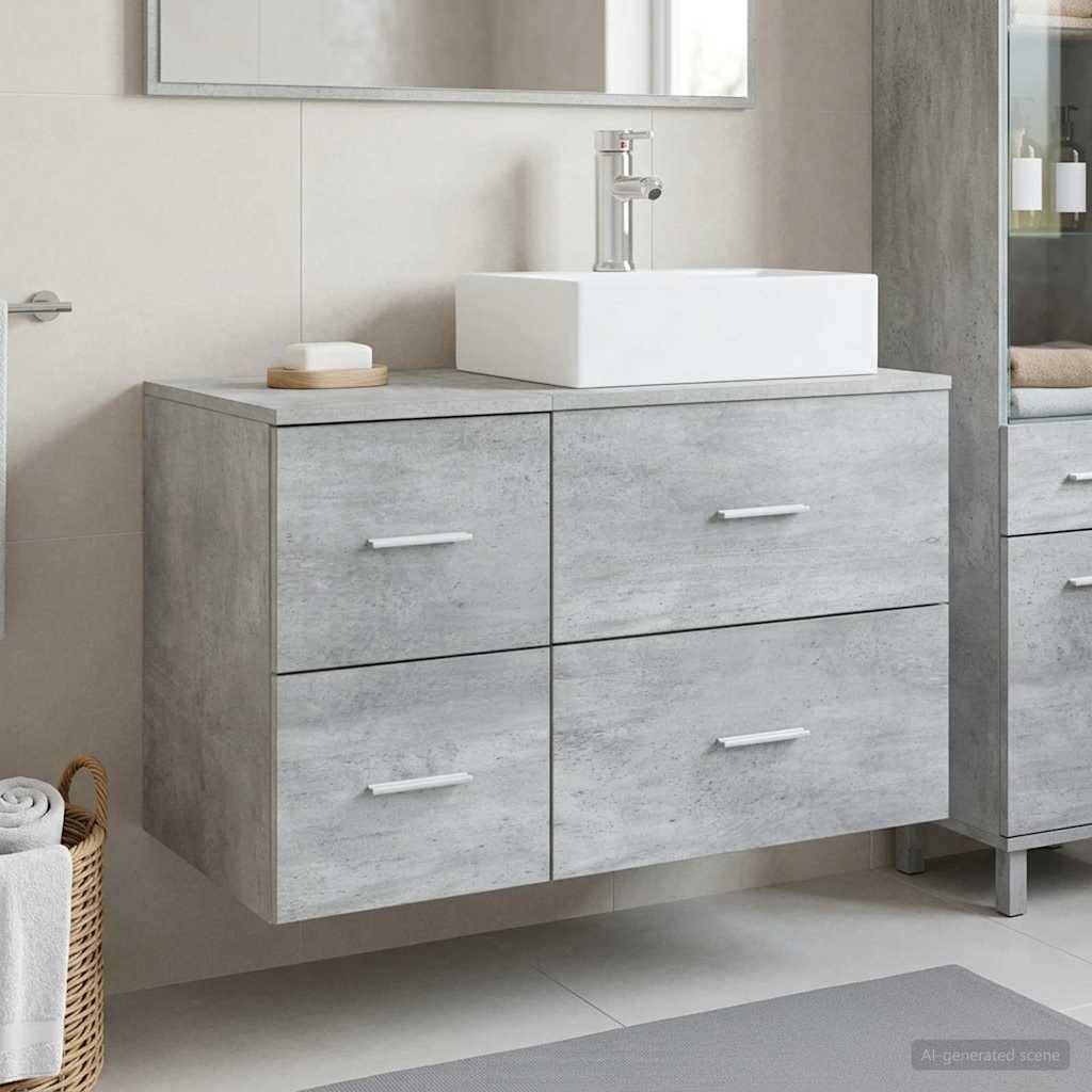Schwebendes graues Badezimmer-Waschtisch mit weißem Aufsatzwaschbecken und Chromwasserhahn, gezeigt in einem modernen Badezimmer neben einem Spiegel und Schrank.