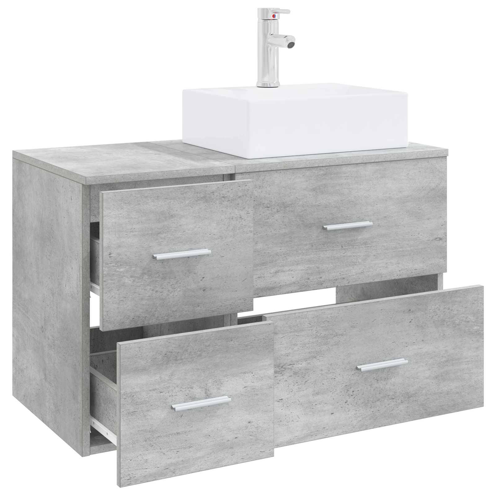 Graues Badezimmer-Doppelwaschbecken mit weißer Arbeitsplatte und modernem Wasserhahn, gezeigt mit vier offenen Schubladen und Schrankstauraum.
