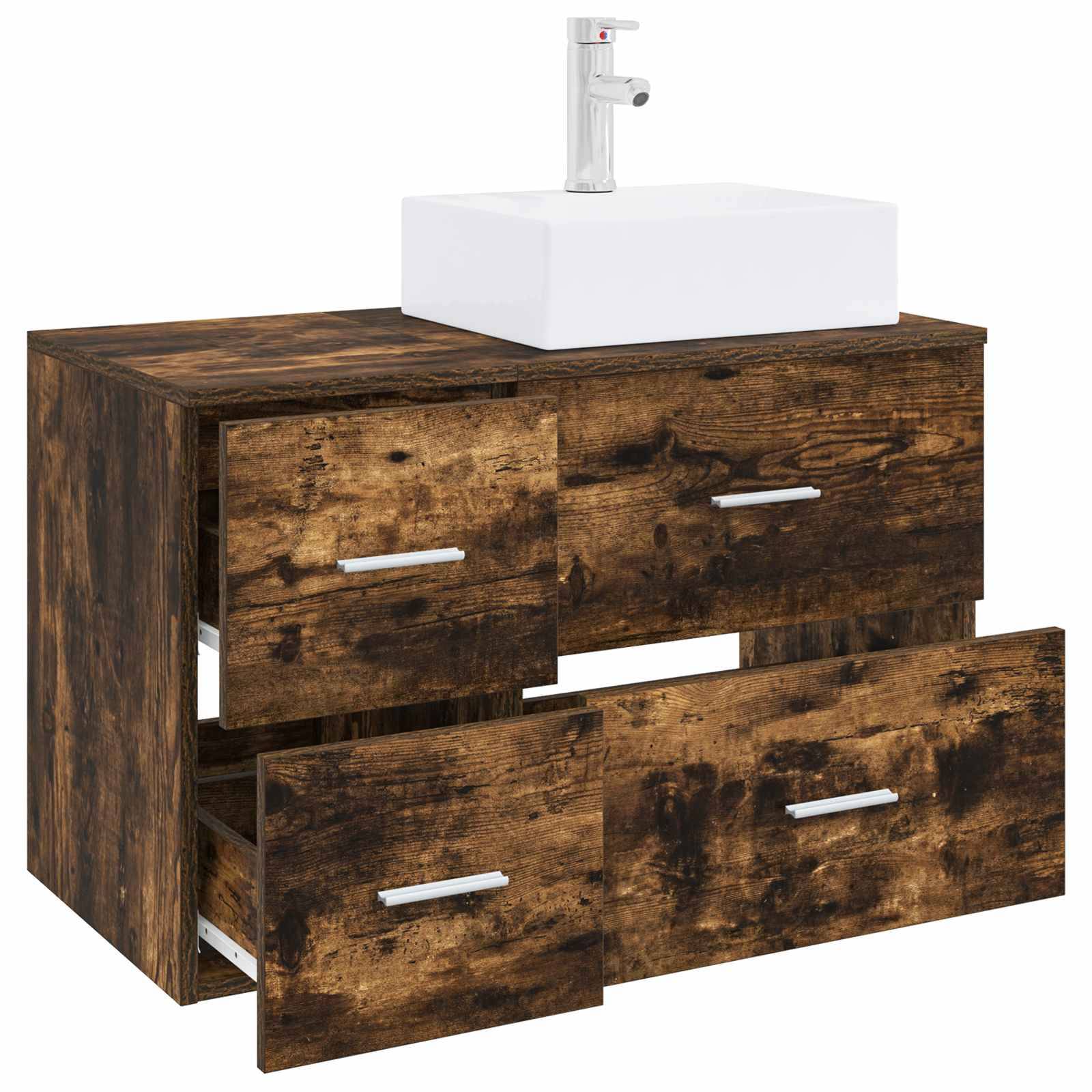 Badezimmer-Waschtischschrank mit Holzoptik, oben mit weißem Aufsatzwaschbecken und vier ausziehbaren Schubladen, dargestellt mit teilweise geöffneten Schubladen.