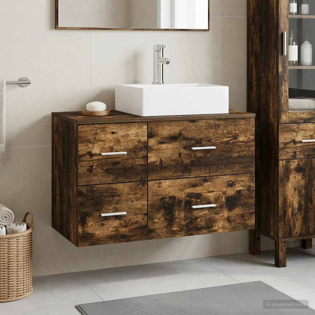 Wandmontierter rustikaler Holz-Badezimmerschrank mit weißem Aufsatzwaschbecken, vier Schubladen, Spiegel darüber und passendem Schrank daneben.