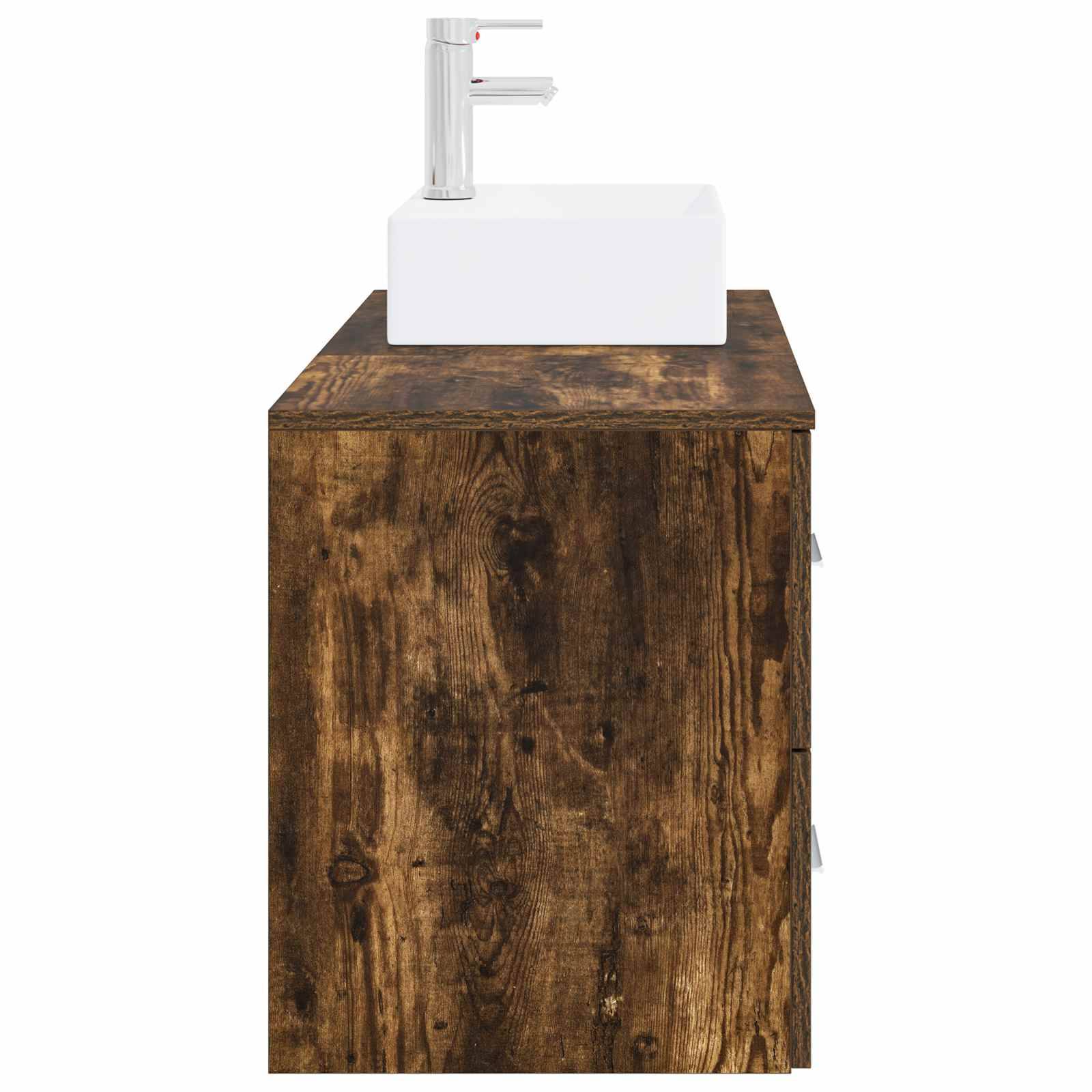 Badezimmer-Waschtisch mit einem Becken, Schrank mit Holzmaserung und weißem rechteckigem Waschbecken mit Chromarmatur vor weißem Hintergrund.