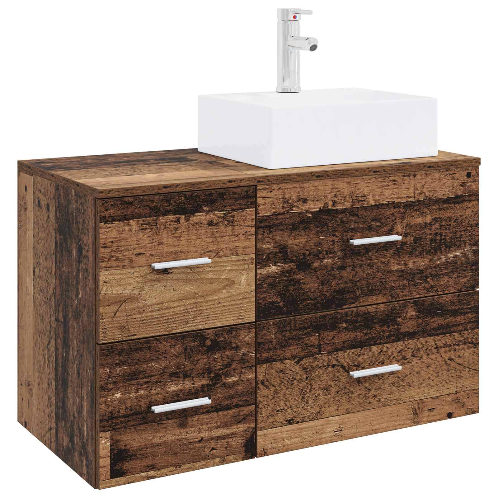Badezimmer-Waschtischschrank mit Holzmaserung, vier Schubladen und weißem Aufsatzwaschbecken oben, vor weißem Hintergrund dargestellt.