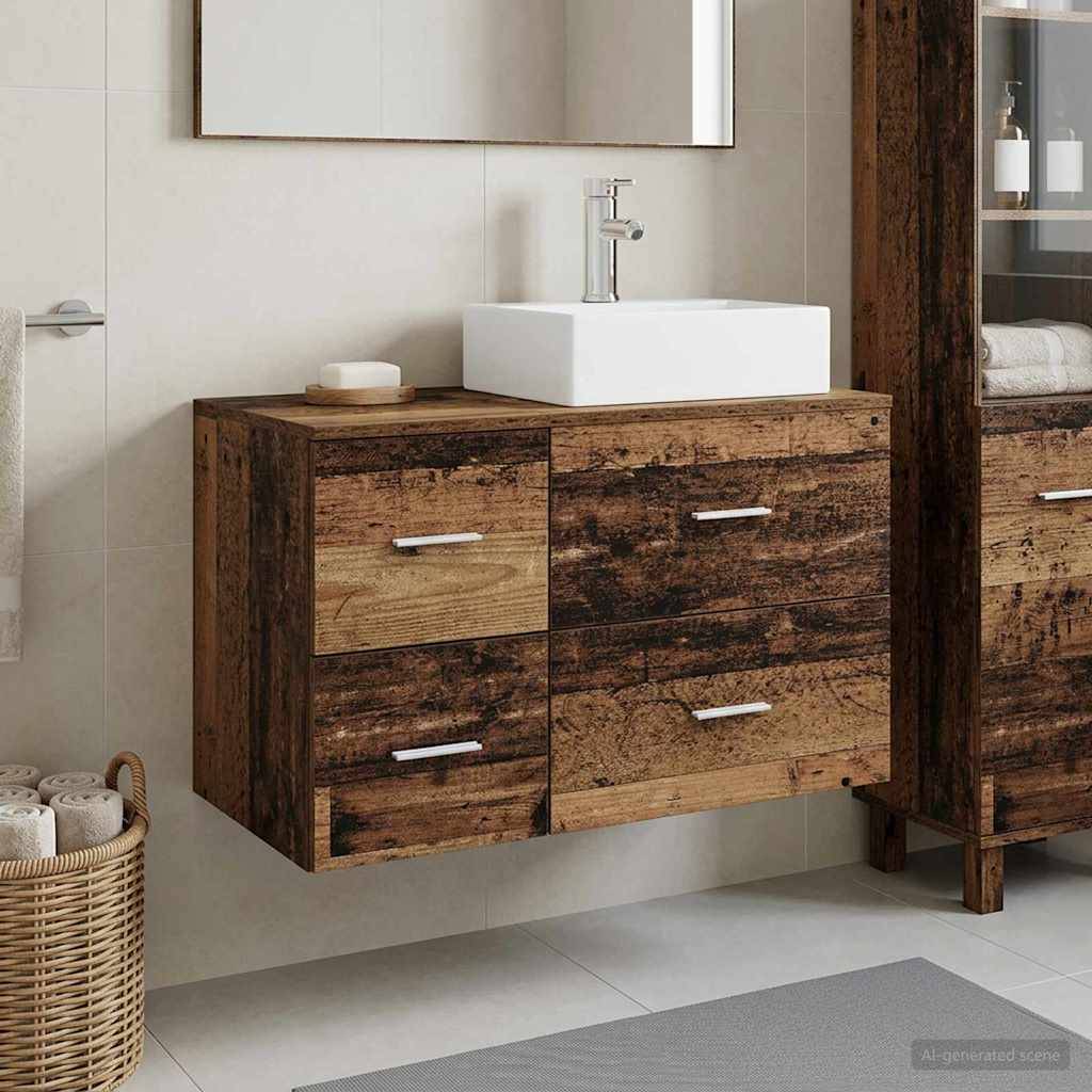 Schwebendes rustikales Holz-Badezimmerwaschtisch mit weißem Aufsatzwaschbecken, Spiegel darüber und gewebtem Korb auf Fliesenboden.
