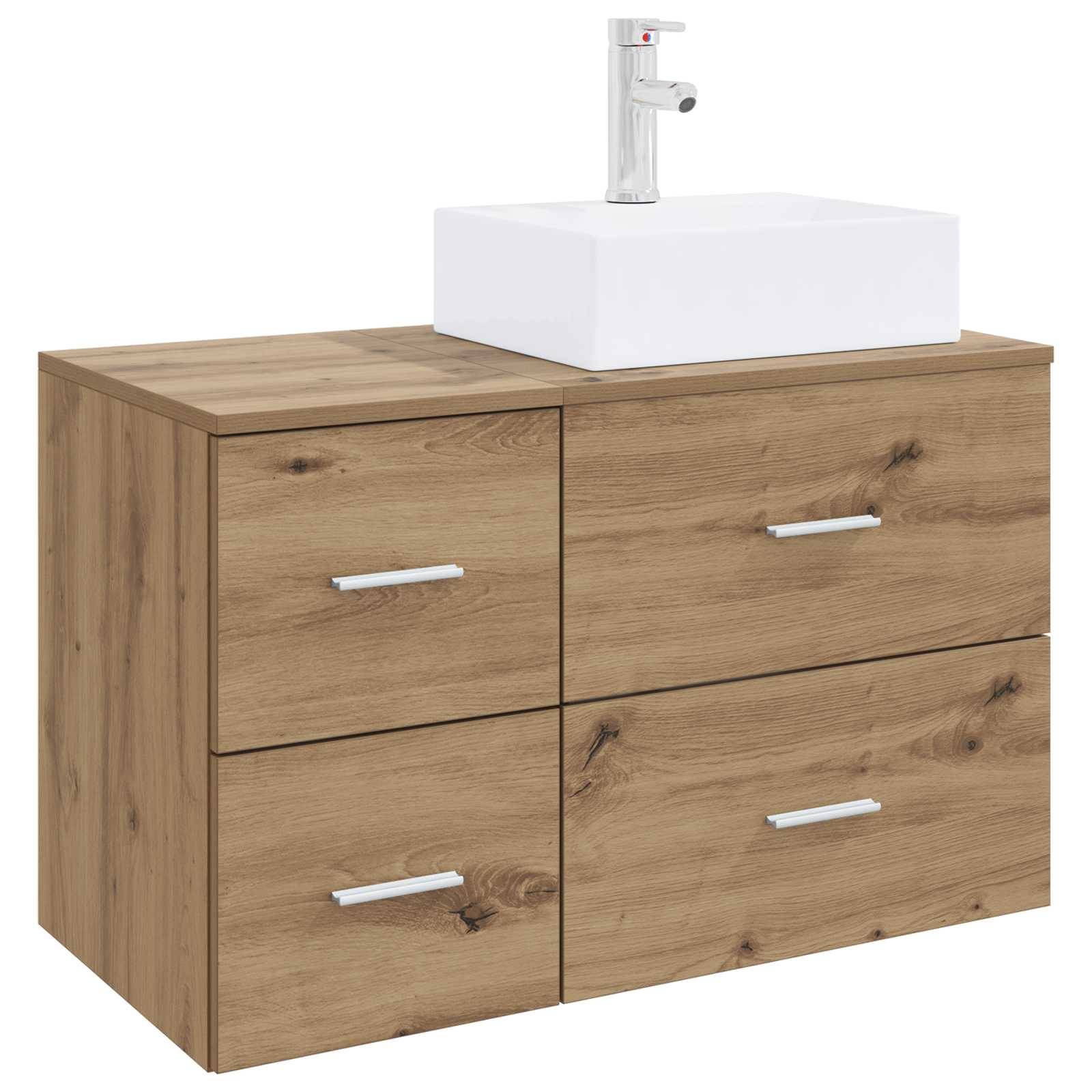 Holzwaschtisch für das Badezimmer mit vier Schubladen und einem weißen Aufsatzwaschbecken oben, dargestellt vor weißem Hintergrund.