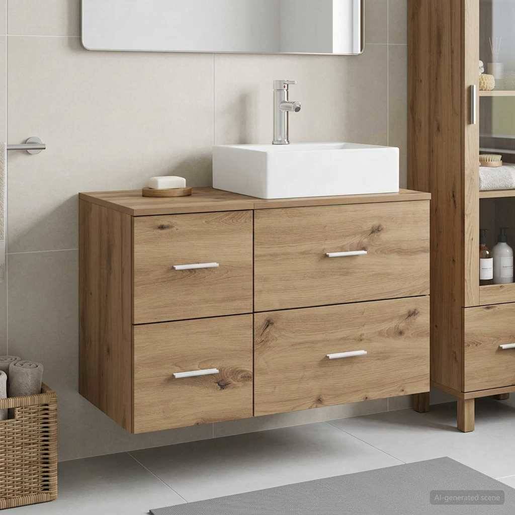 Aus Holz gefertigtes, an der Wand montiertes Badezimmerwaschtisch mit vier Schubladen und weißem quadratischen Waschbecken unter einem Spiegel, dargestellt in einem modernen gefliesten Badezimmer.
