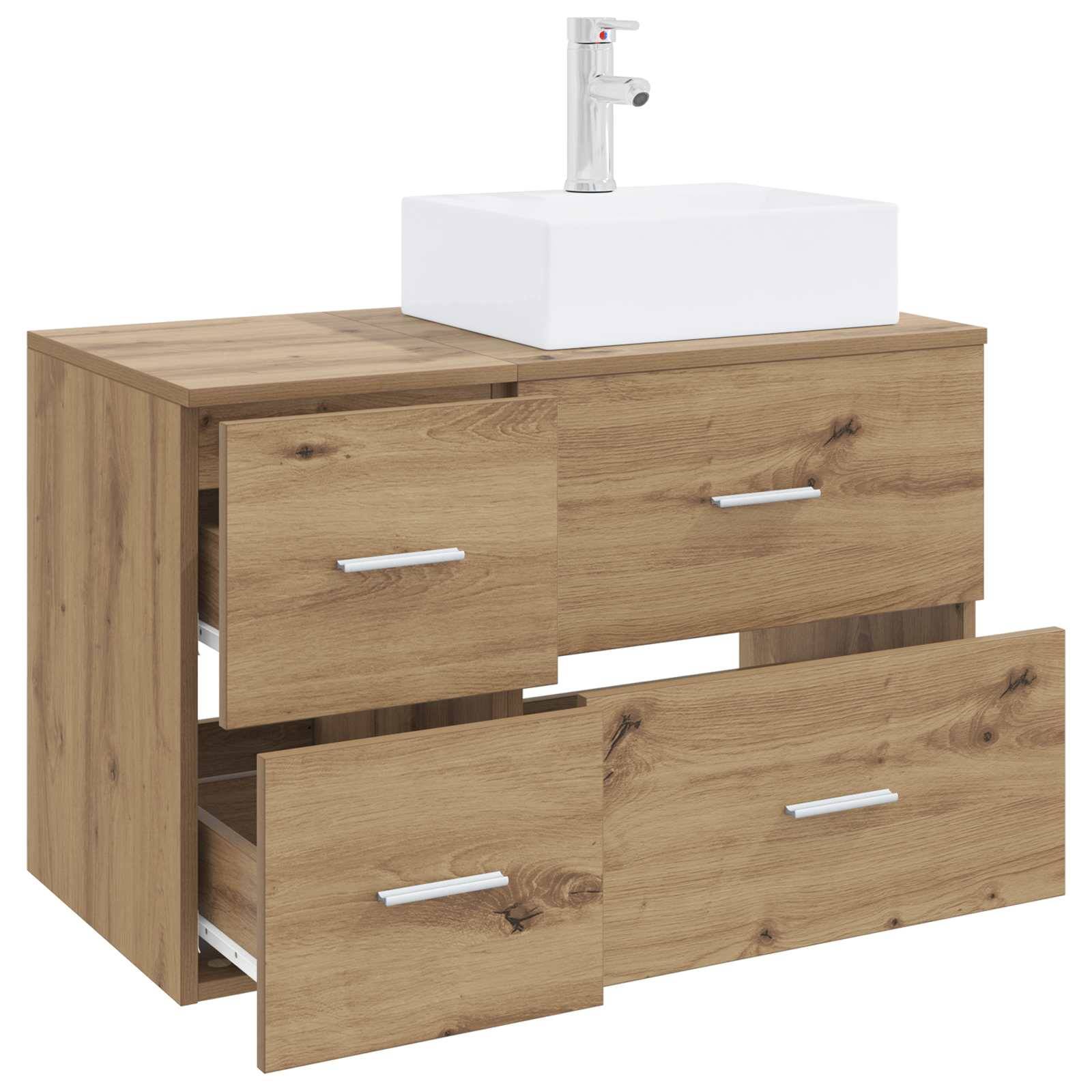 Holzwaschtischschrank fürs Bad mit weißem Aufsatzwaschbecken und Armatur, mit vier Schubladen und Arbeitsplatte in hellem Eichenfinish.