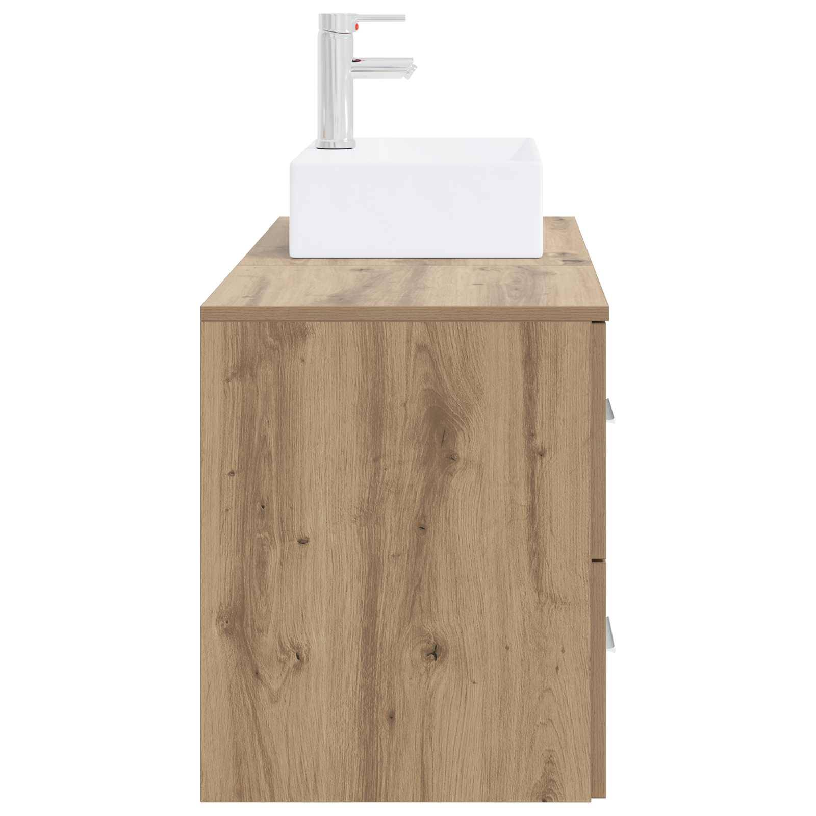 Badezimmer-Waschtischschrank mit Holzoberfläche, integriertem weißem Waschbecken und Chromarmatur, Frontansicht auf weißem Hintergrund.