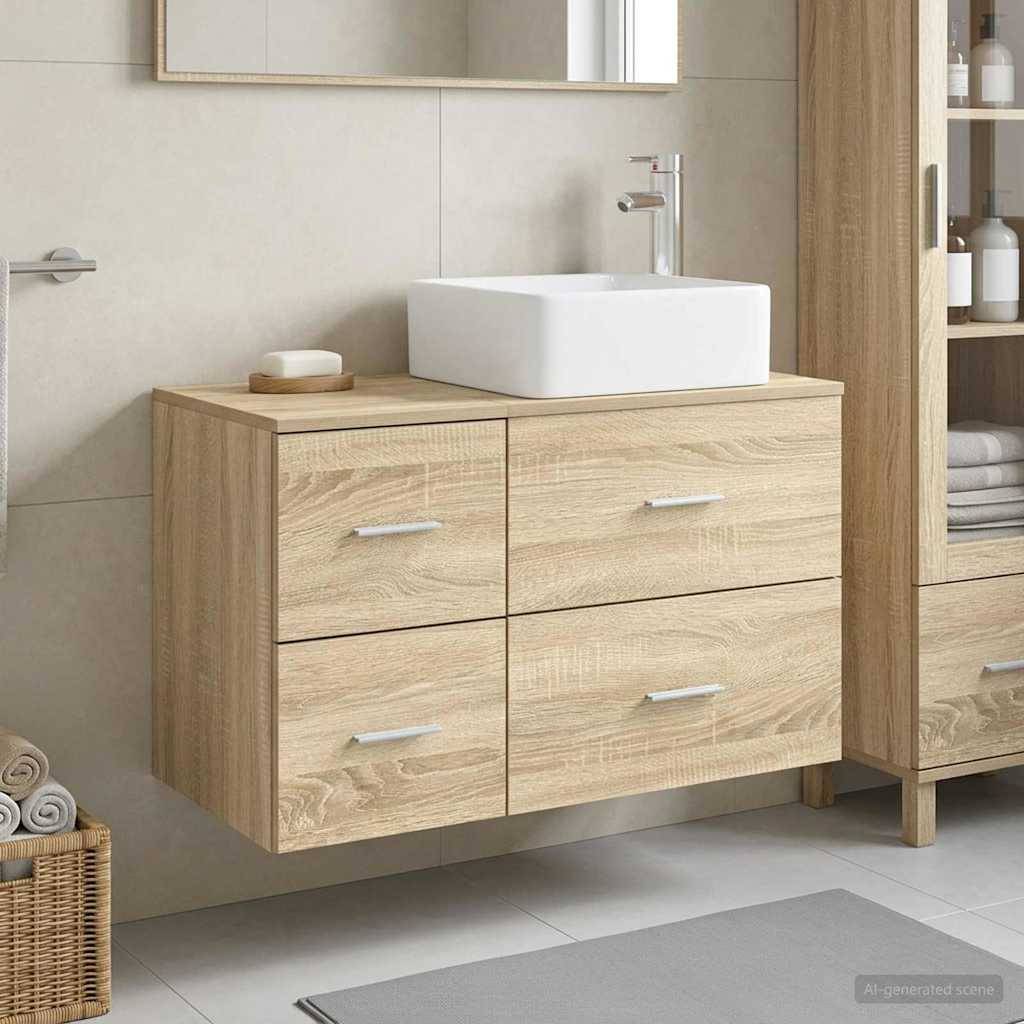 Modernes Badezimmerwaschtisch aus hellem Holz mit einem weißen Aufsatzwaschbecken, wandmontiert über gefliestem Boden.