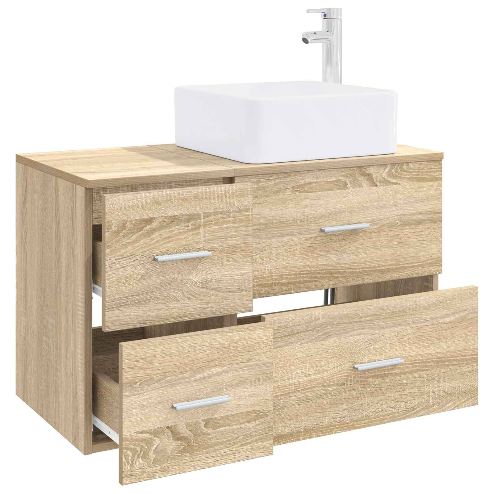 Helles Holz-Badezimmerwaschbecken mit weißem Aufsatzwaschbecken und Chromarmatur, mit zwei Schubladen und einem offenen Seitenfach, auf weißem Hintergrund abgebildet.