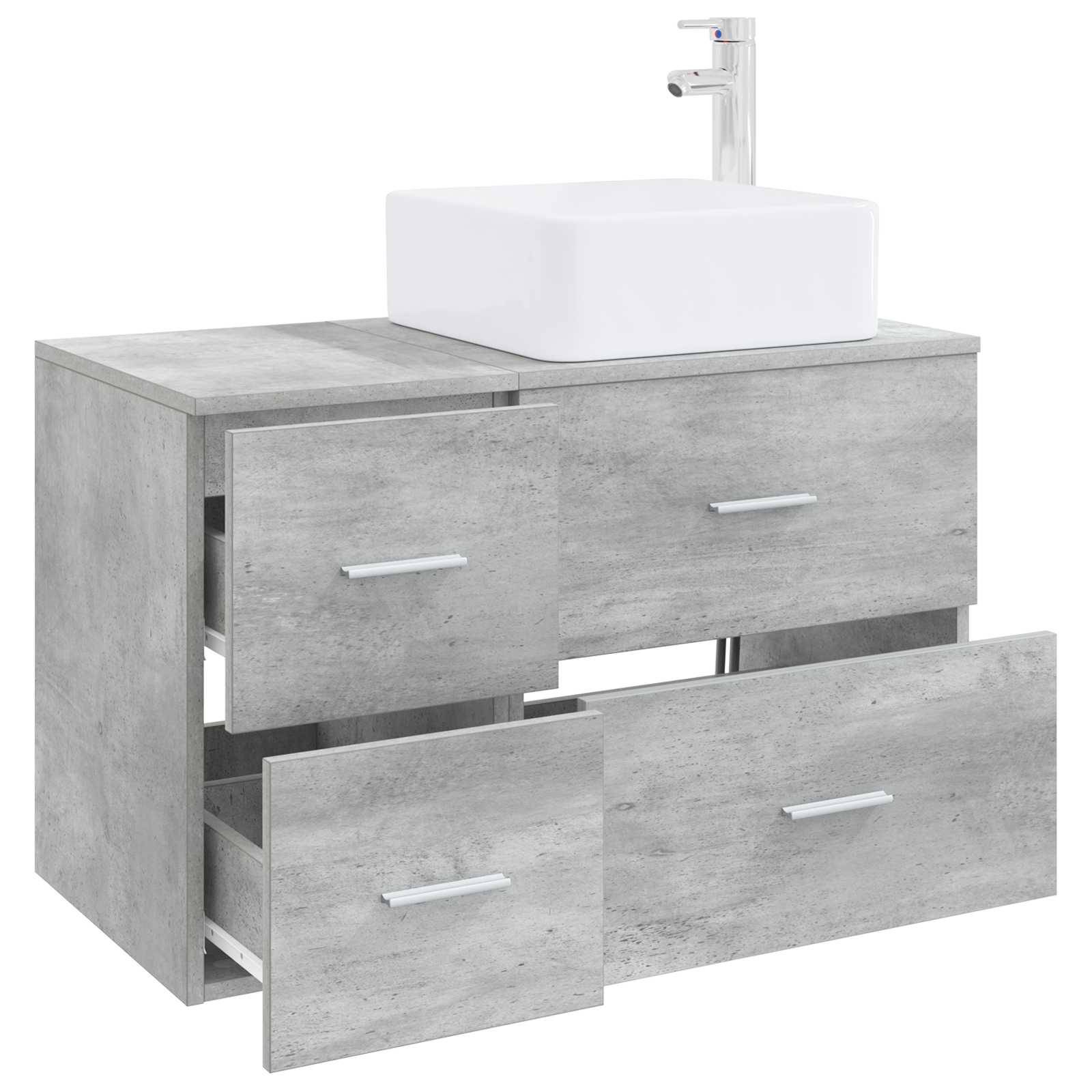Modernes graues Badezimmer-Waschtisch mit weißem Waschbecken und Armatur, dargestellt mit vier offenen Schubladen und Schrankablage.