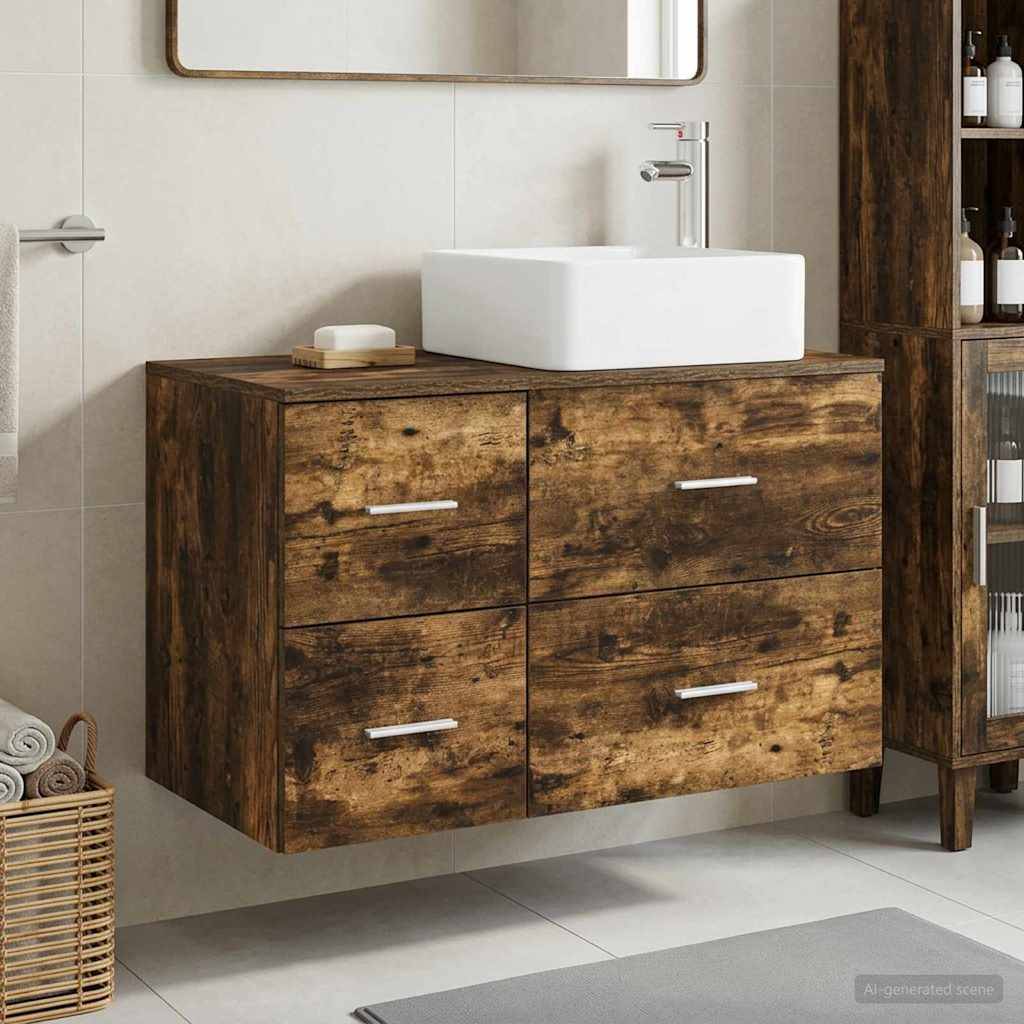 Rustikales Holz-Badezimmerwaschtisch mit vier Schubladen und einem weißen Aufsatzwaschbecken an einer gefliesten Wand montiert.
