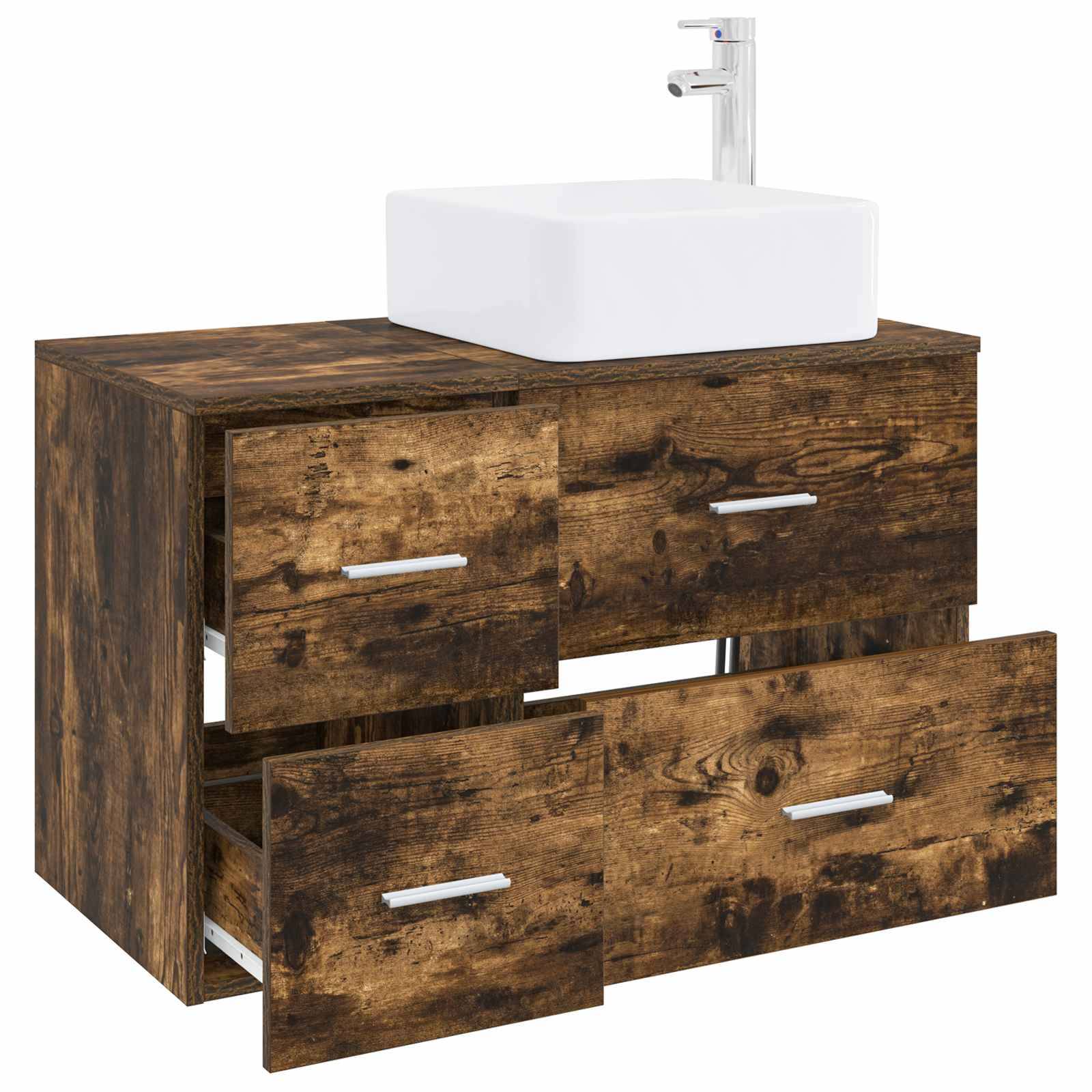 Holzwaschbeckenunterschrank mit weißem Aufsatzbecken und Armatur, dargestellt mit mehreren offenen Schubladen.