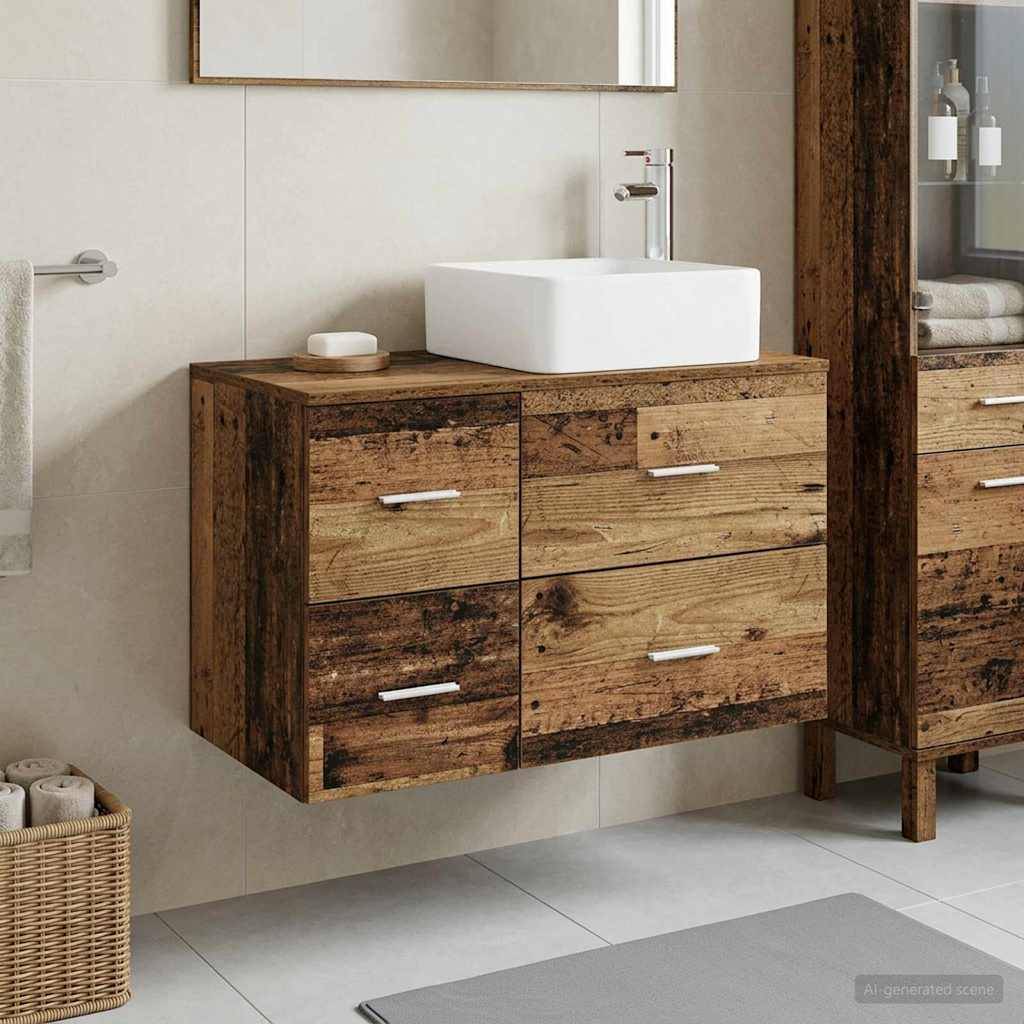 Modernes Badezimmerwandtischchen mit einem weißen Aufsatzwaschbecken auf einem rustikalen Holzschrank, dargestellt neben einem passenden hohen Lagerbestand.