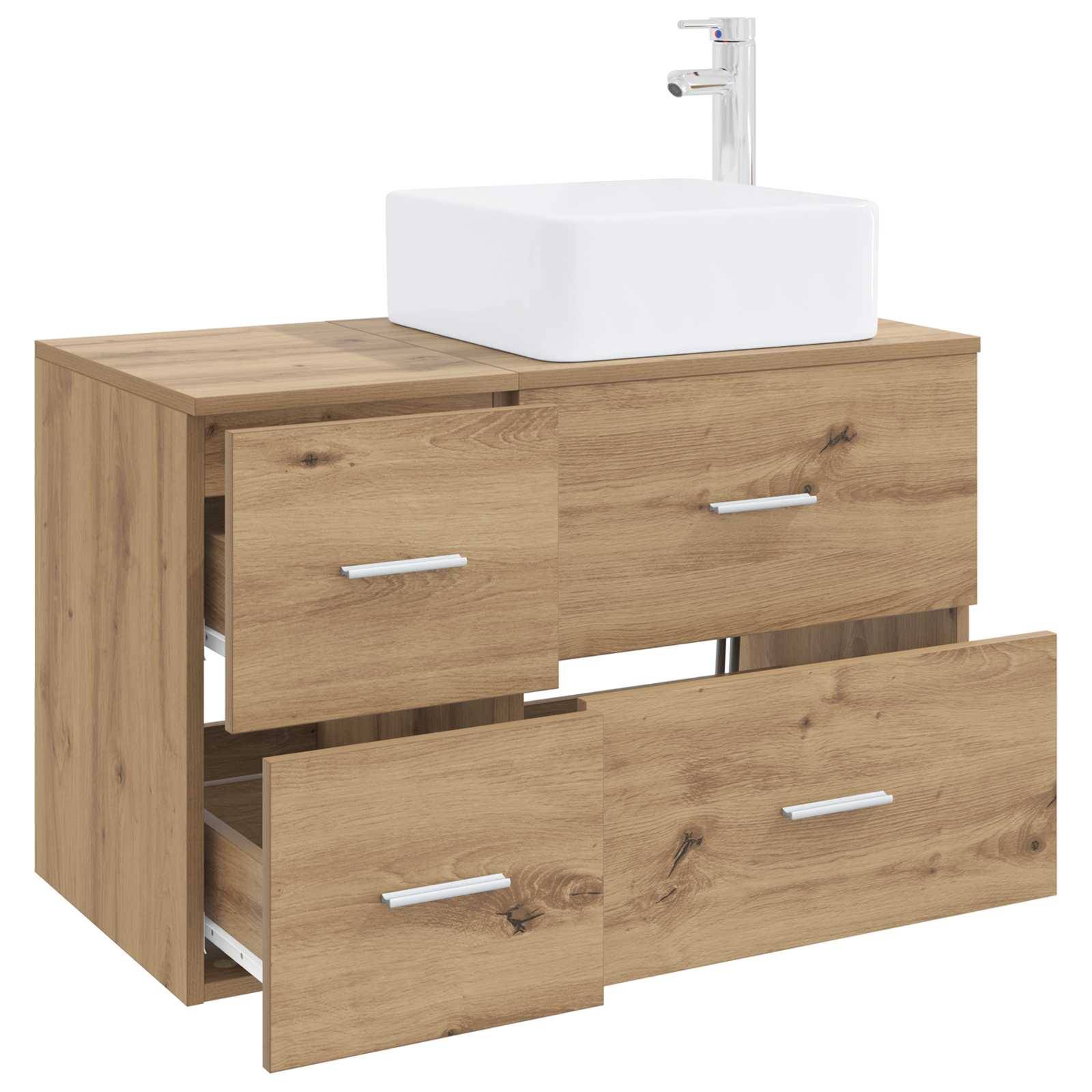 Holzwaschtischschrank im Badezimmer mit weißem Aufsatzwaschbecken und Wasserhahn, mit vier Schubladen und einer Schranktür auf der linken Seite.