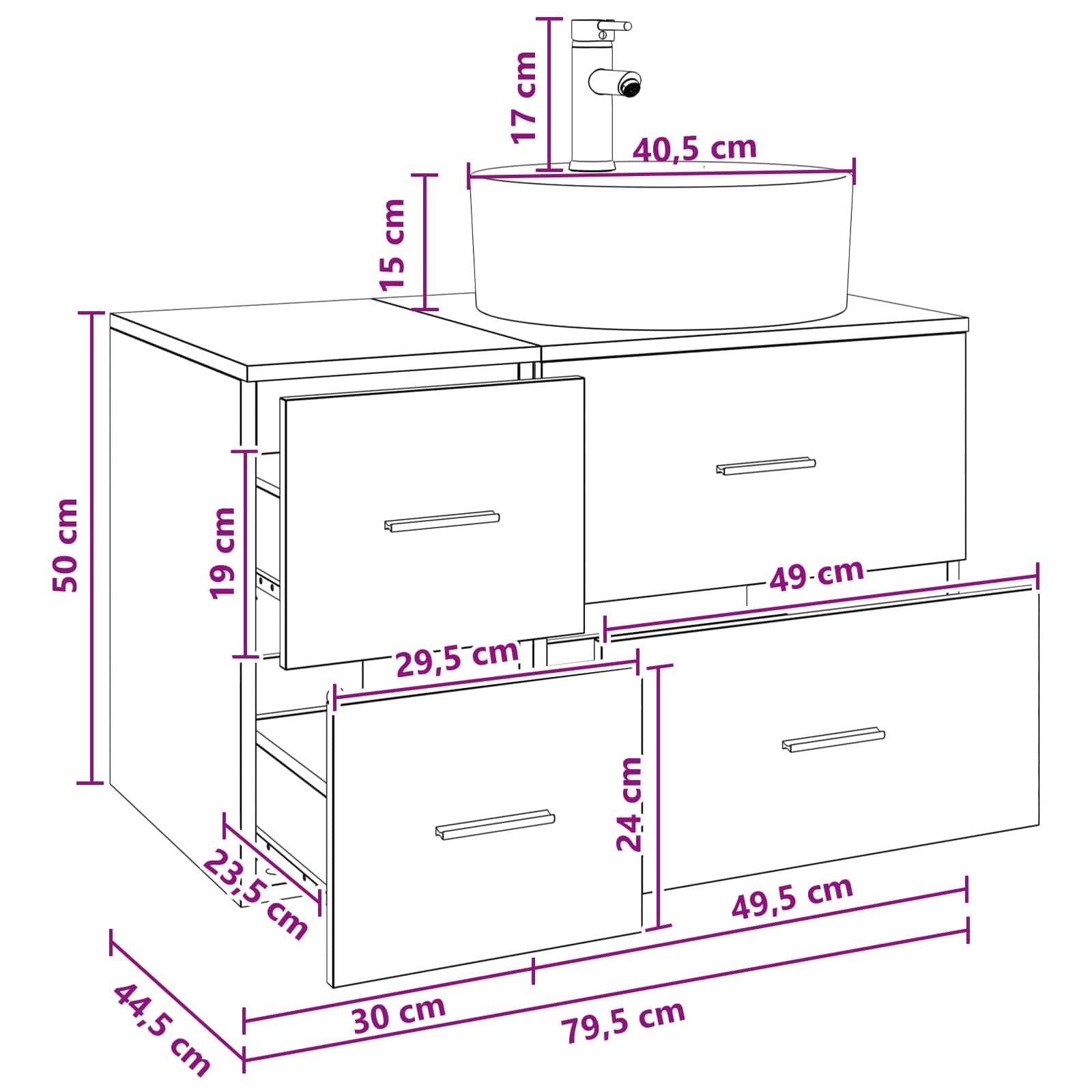 Maßstabgerechte Zeichnung eines Badezimmerwaschtischs mit Waschbecken und Armatur, die Schrank- und Schubladengrößen zeigt: 79,5 cm breit, 50 cm hoch, 44,5 cm tief und Waschbeckenabteilungen.