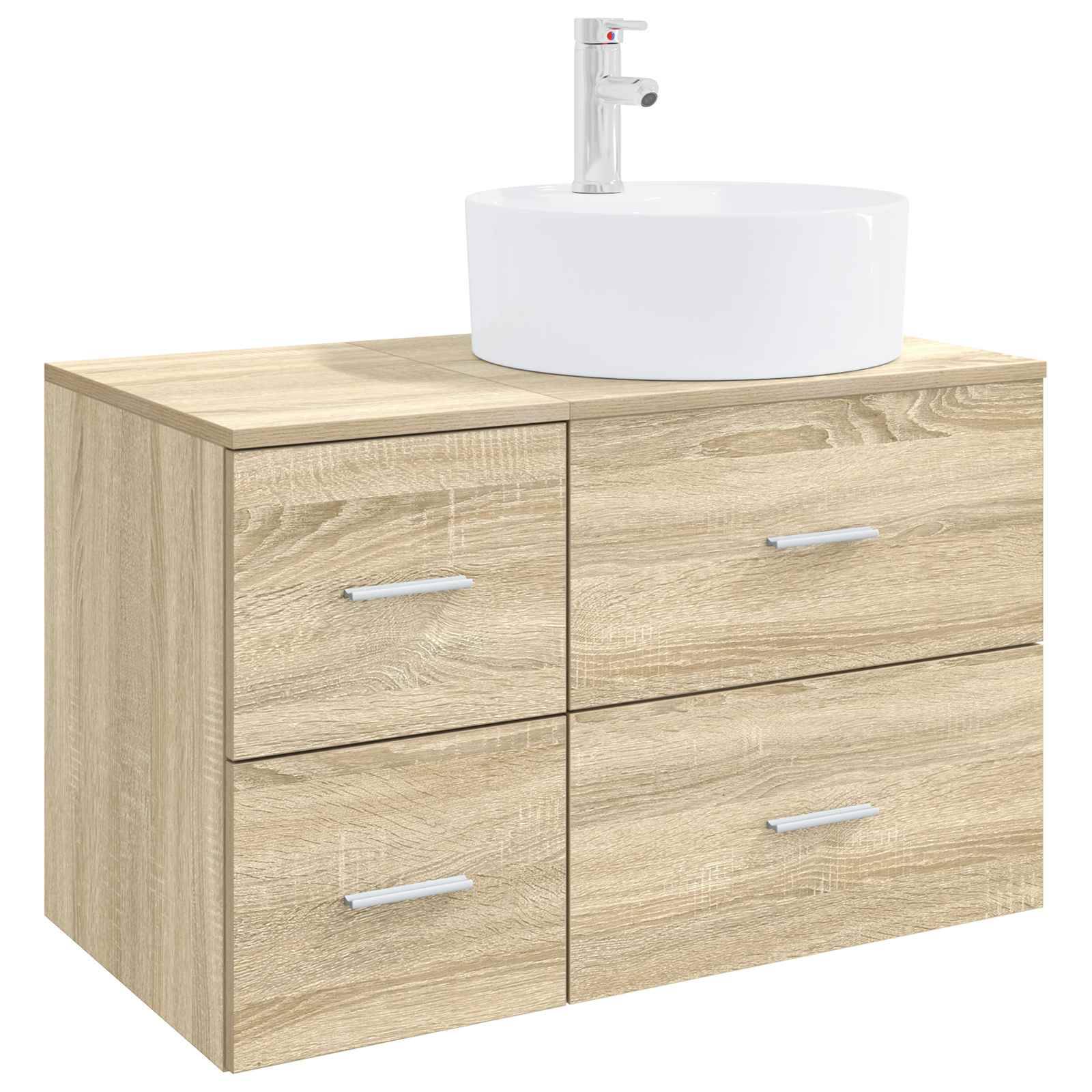 Badezimmer-Waschtischschrank aus hellem Holz mit vier Schubladen und weißem rundem Waschbecken oben, vor neutralem Hintergrund dargestellt.