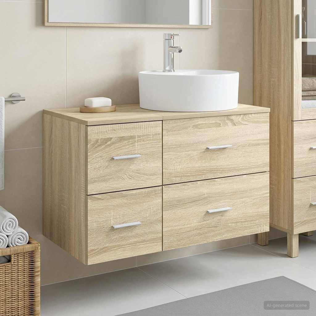 Helles Holz-Badezimmer-Waschtisch an der Wand mit weißem Aufsatzwaschbecken und verchromtem Wasserhahn neben einem passenden Schrank und Spiegel.