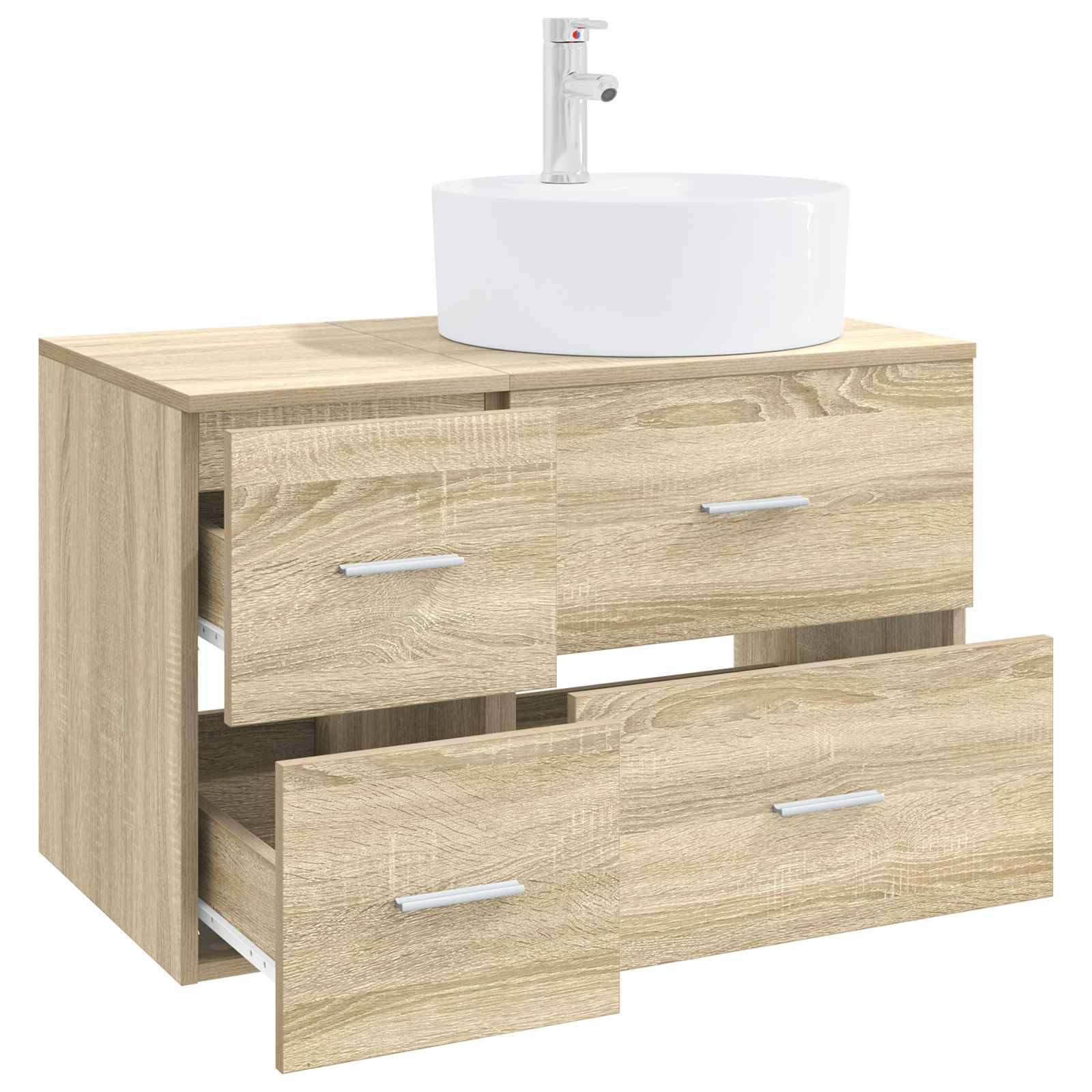 Helles Holz-Badezimmermöbel mit weißem rundem Aufsatzwaschbecken und Wasserhahn, gezeigt mit drei offenen Schubladen und einem seitlichen Fach.