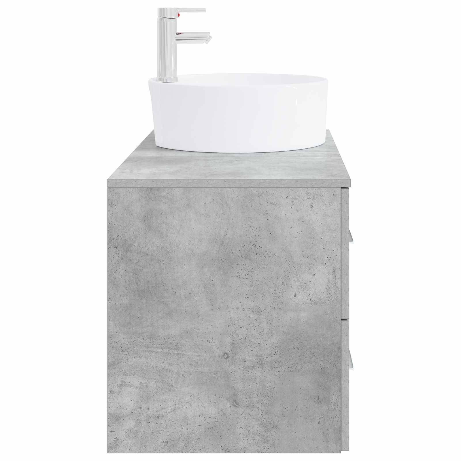 Weißes ovales Waschbecken mit Chromarmatur auf einem Waschbeckenunterschrank im Betonoptik-Design, dargestellt vor weißem Hintergrund.