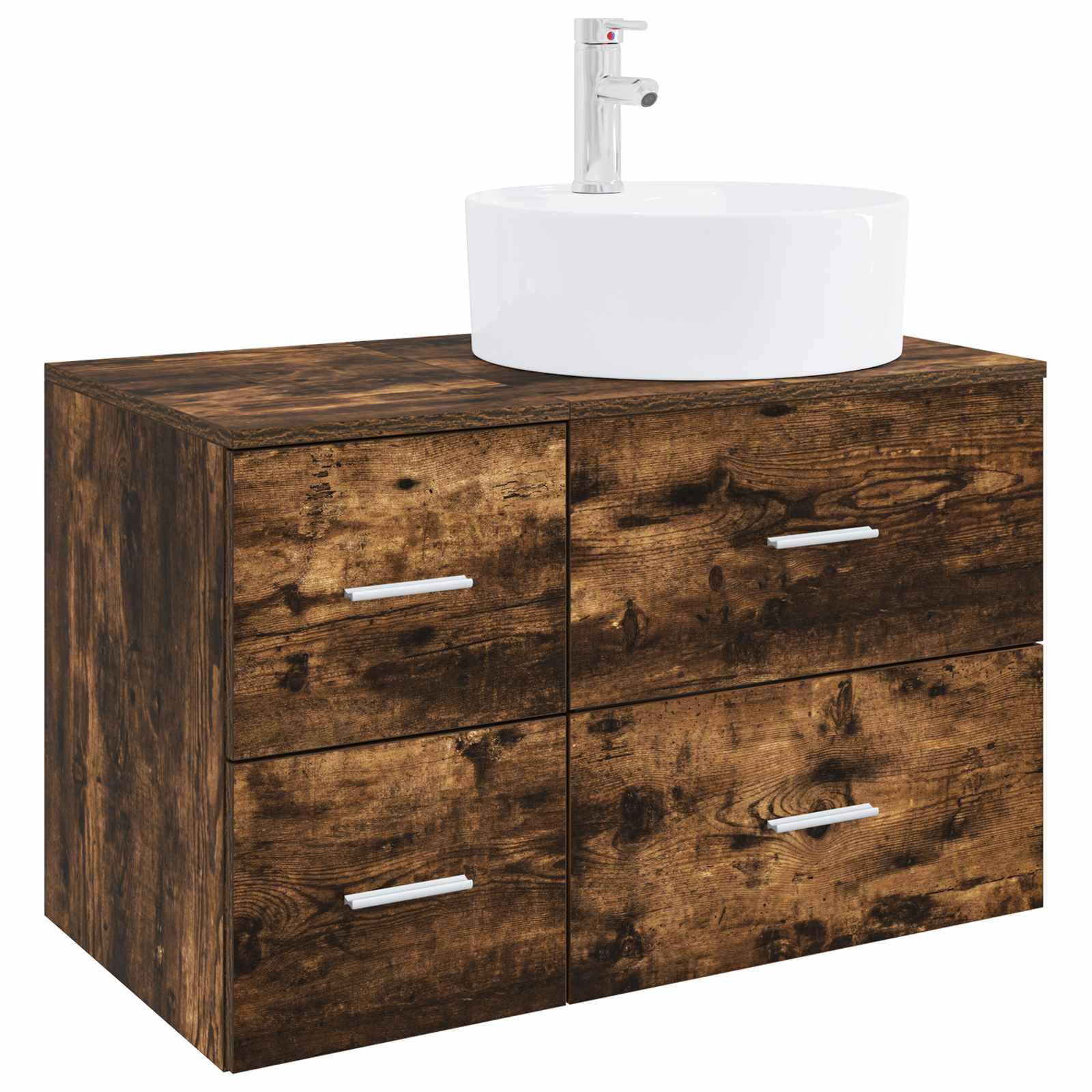 Rustikales Badezimmermöbel aus Holz mit vier Schubladen und einem weißen runden Aufsatzwaschbecken oben drauf.
