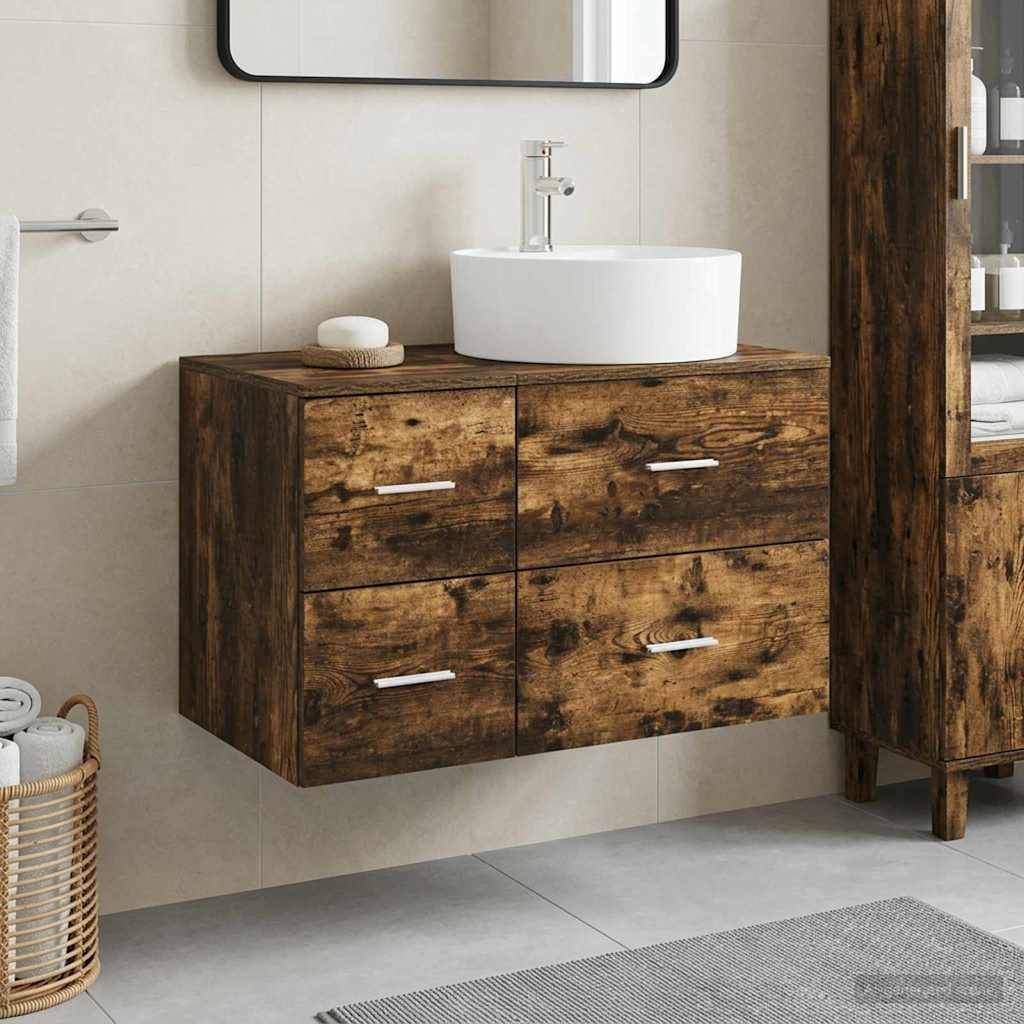 Modernes Badezimmer-Waschtisch mit einem weißen Aufsatzwaschbecken auf einem rustikalen Holz-Hängeschrank mit vier Schubladen.