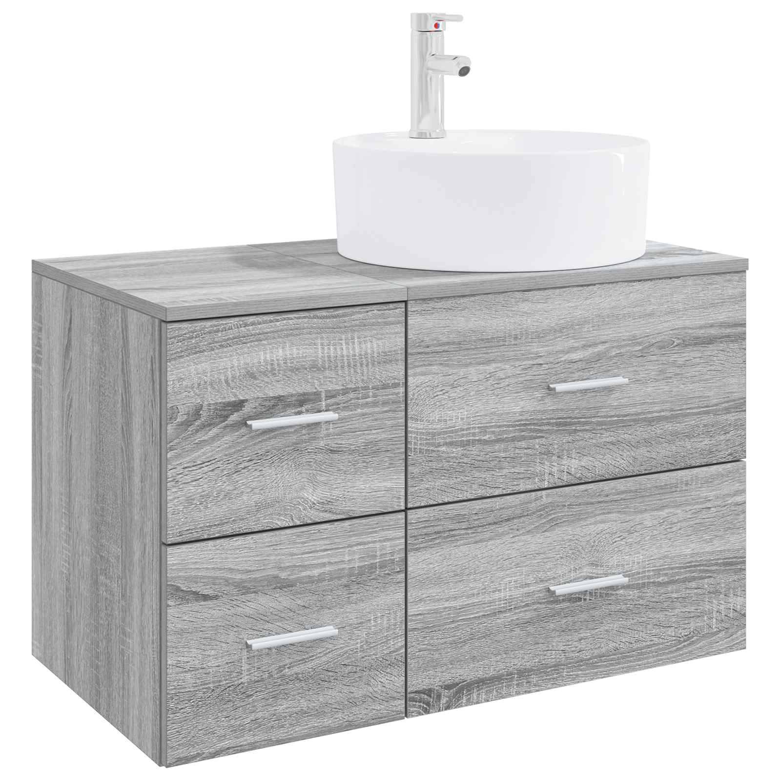 Grauer Holz-Badezimmerunterschrank mit vier Schubladen und einem weißen Aufsatzwaschbecken oben.