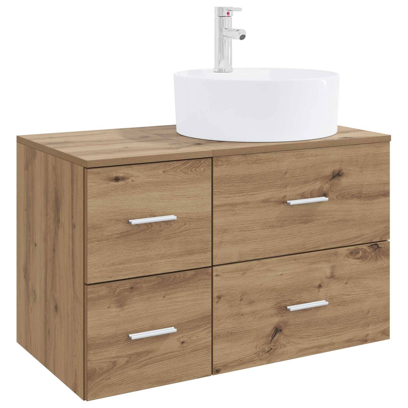 Badezimmer-Waschtischschrank mit Holzoptik, vier Schubladen und einem integrierten runden weißen Waschbecken mit Armatur oben.