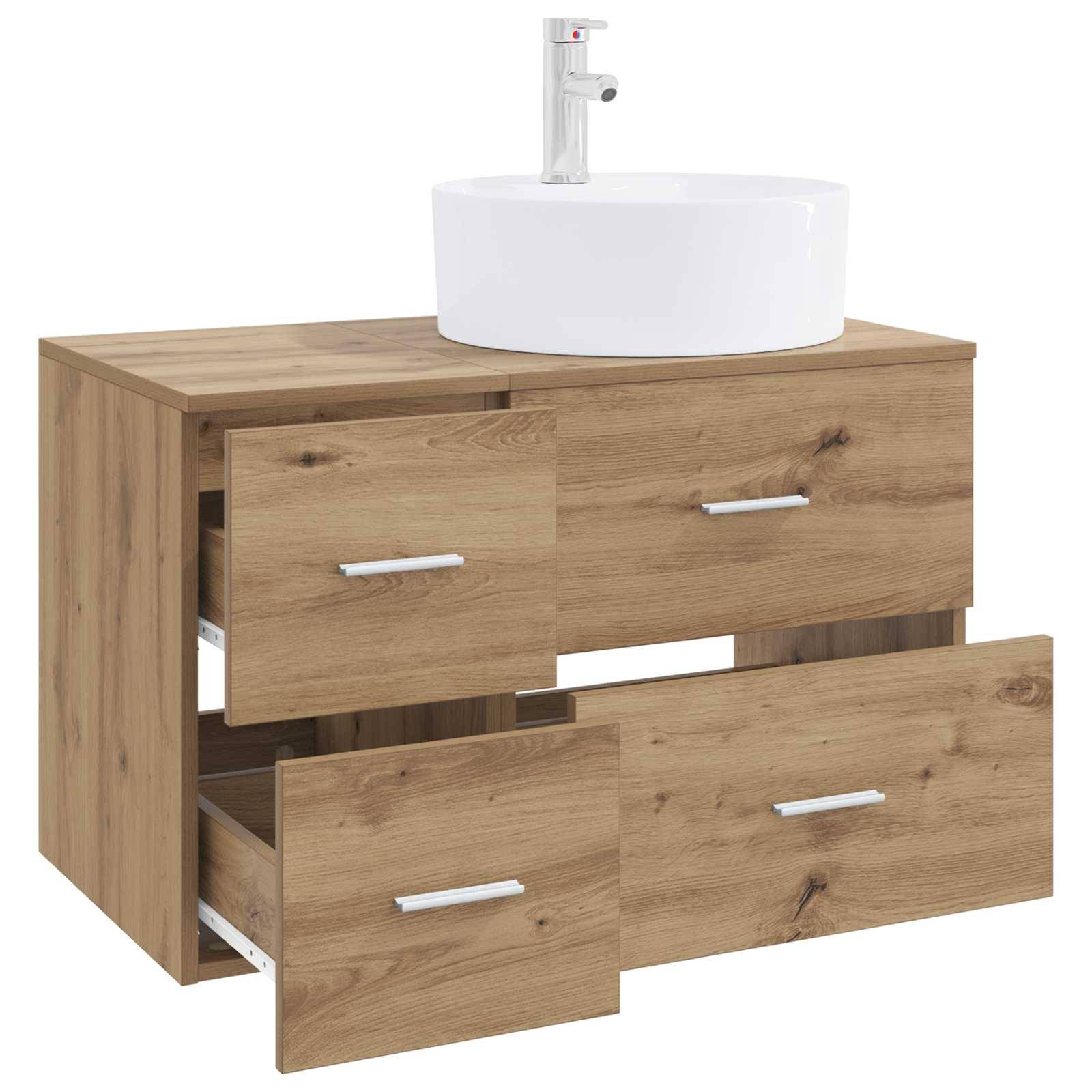 Holzwaschbeckenunterschrank im Badezimmer mit einem weißen runden Aufsatzwaschbecken und Wasserhahn, mit vier Schubladen.