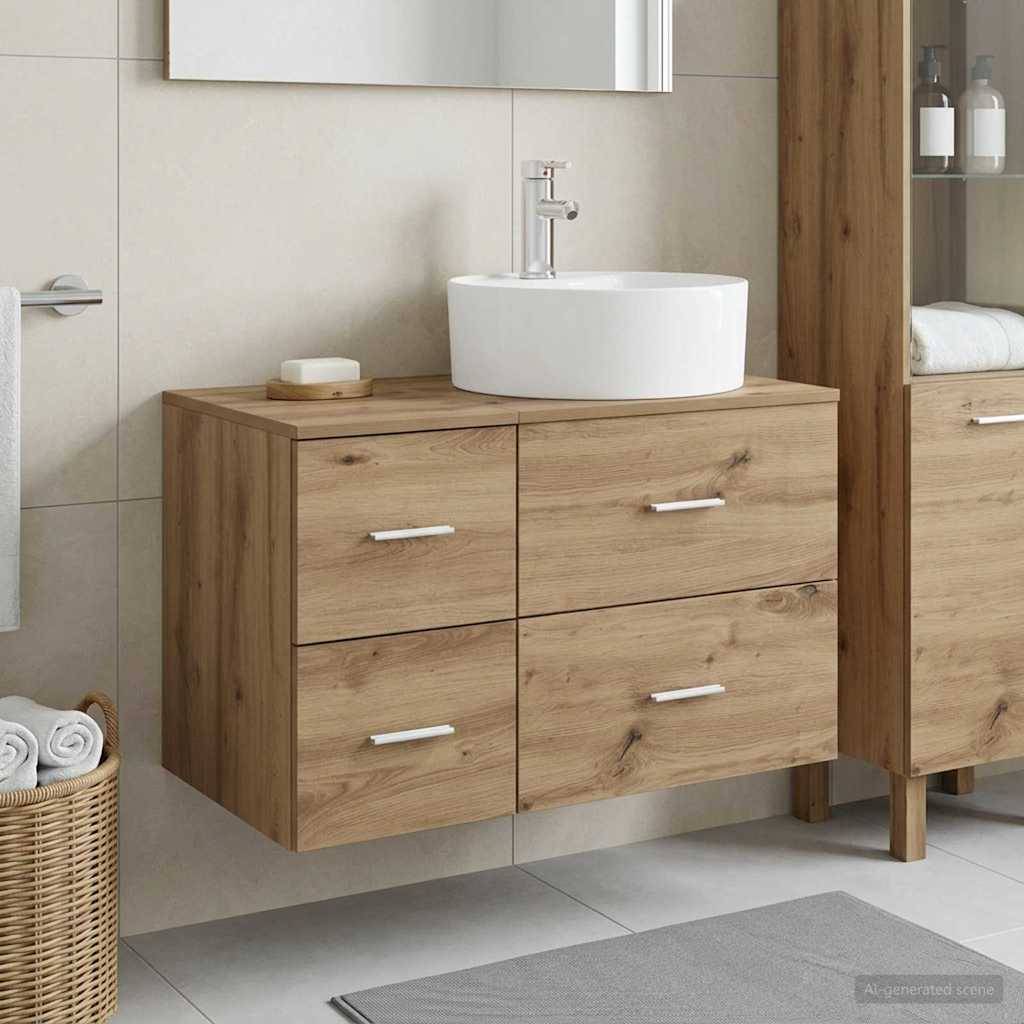 Modernes Badezimmer-Waschtisch mit schwebendem Holzschrank, rundem weißem Waschbecken, Spiegel darüber und passendem Aufbewahrungsschrank daneben.