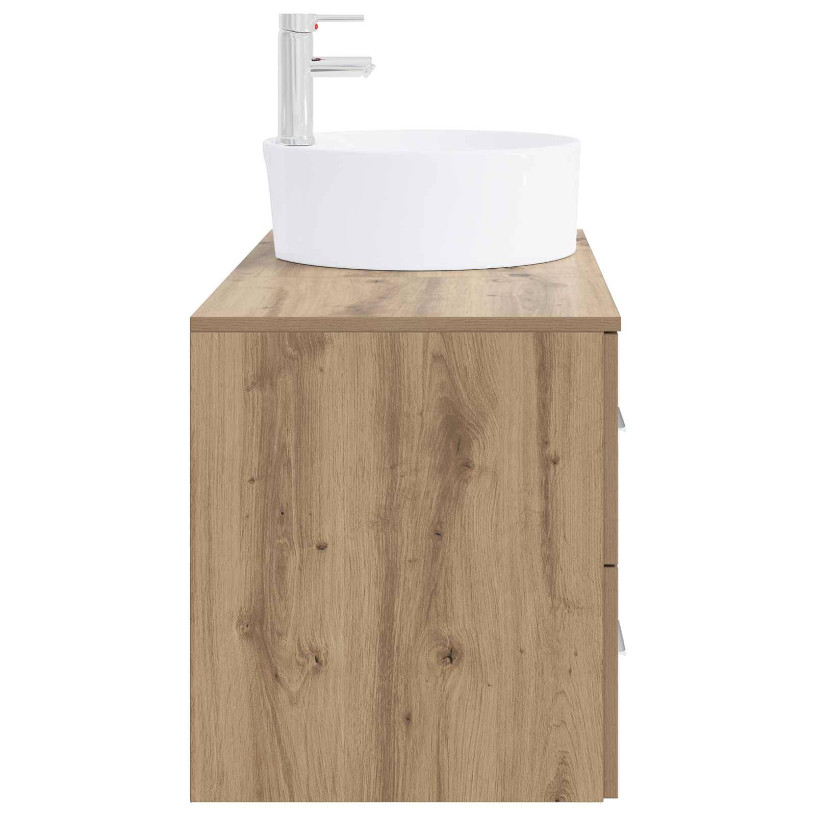 Modernes Badezimmer-Waschtisch mit Holzmaserung-Schrank und weißem Aufsatzwaschbecken, Vorderansicht auf neutralem Hintergrund.