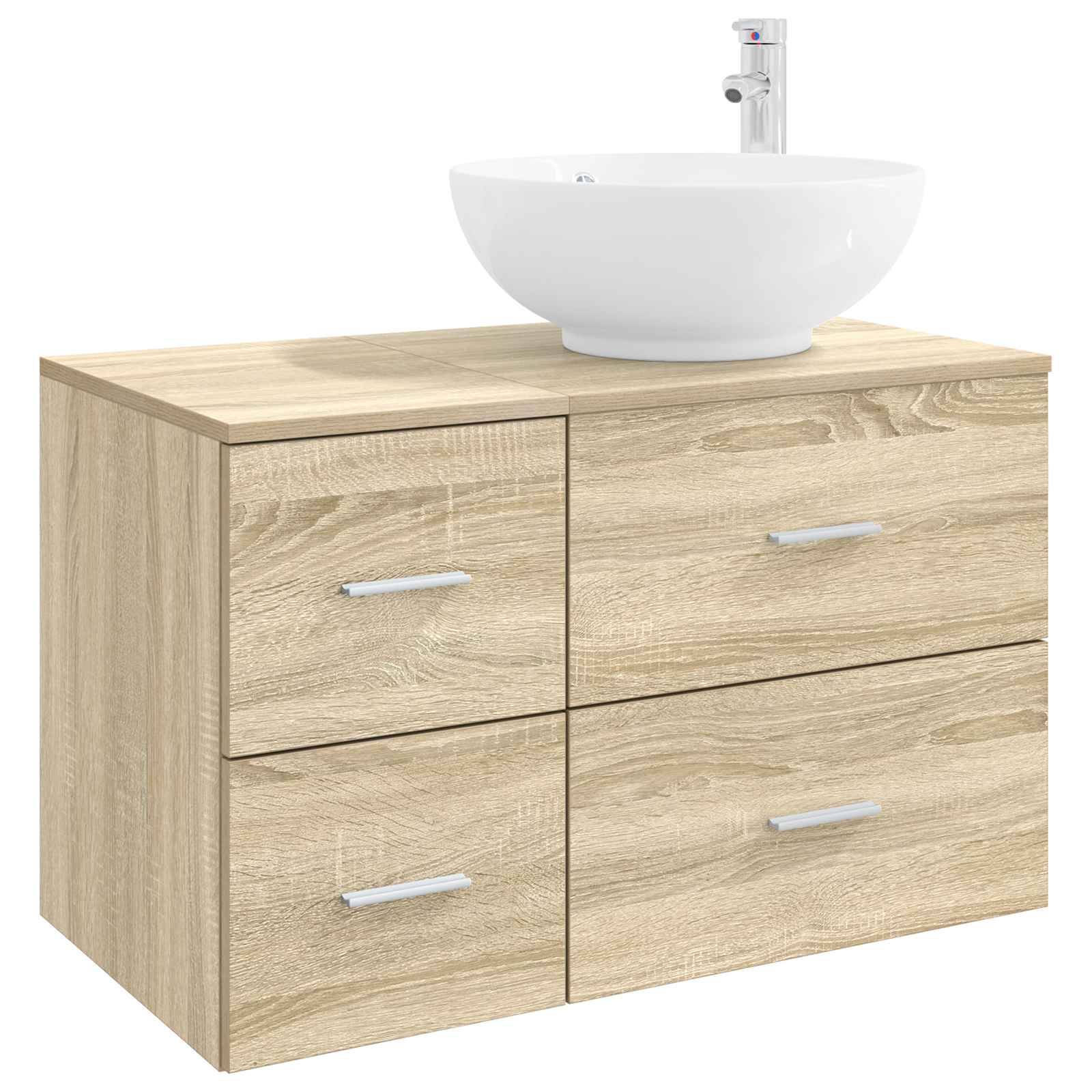 Holzernes Badezimmerunterschrank mit vier Schubladen und einem weißen Aufsatzwaschbecken oben, gezeigt vor einem einfachen Hintergrund.