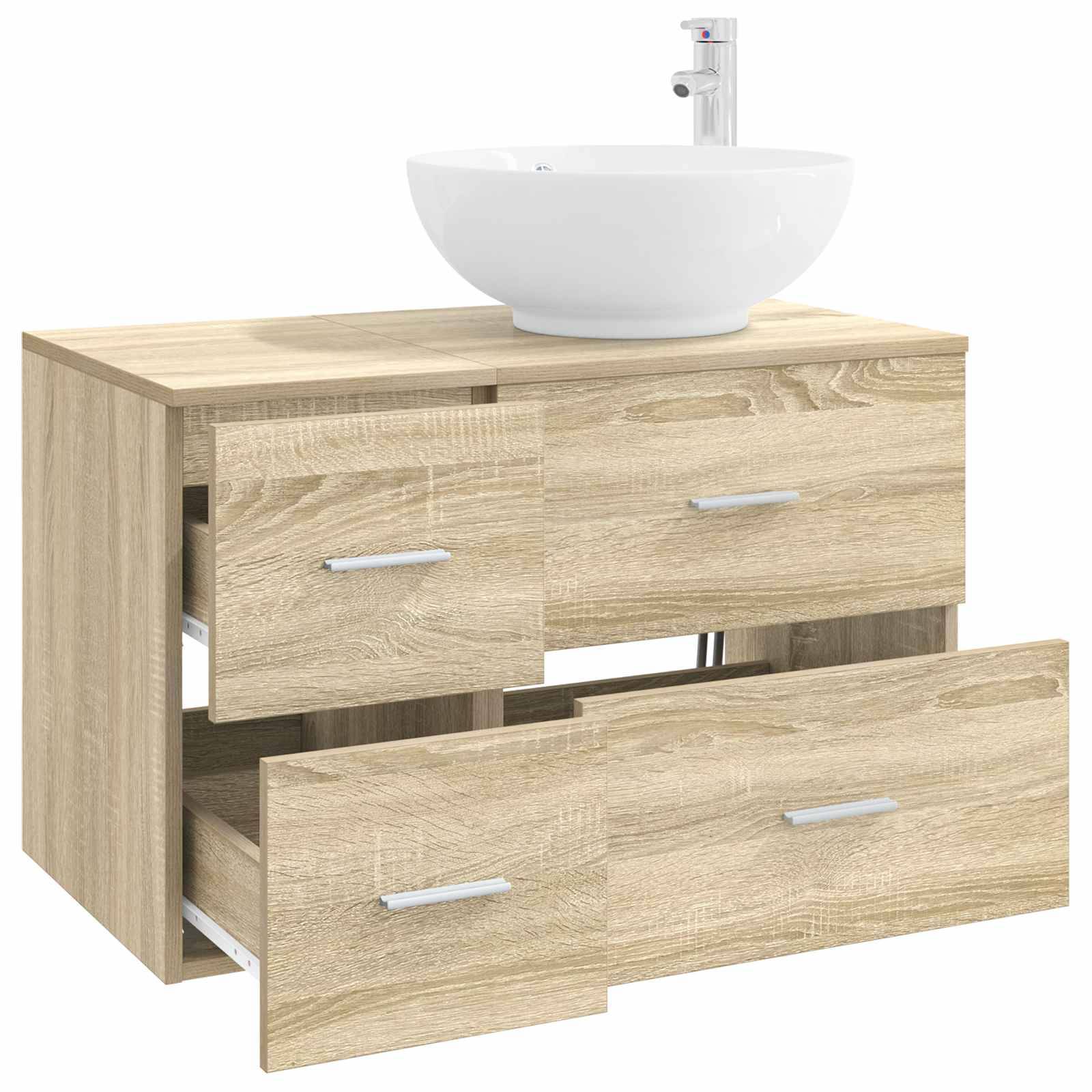 Helles Holz-Badezimmermöbel mit weißem Aufsatzwaschbecken und Chromarmatur, mit zwei ausziehbaren Schubladen zur Aufbewahrung.
