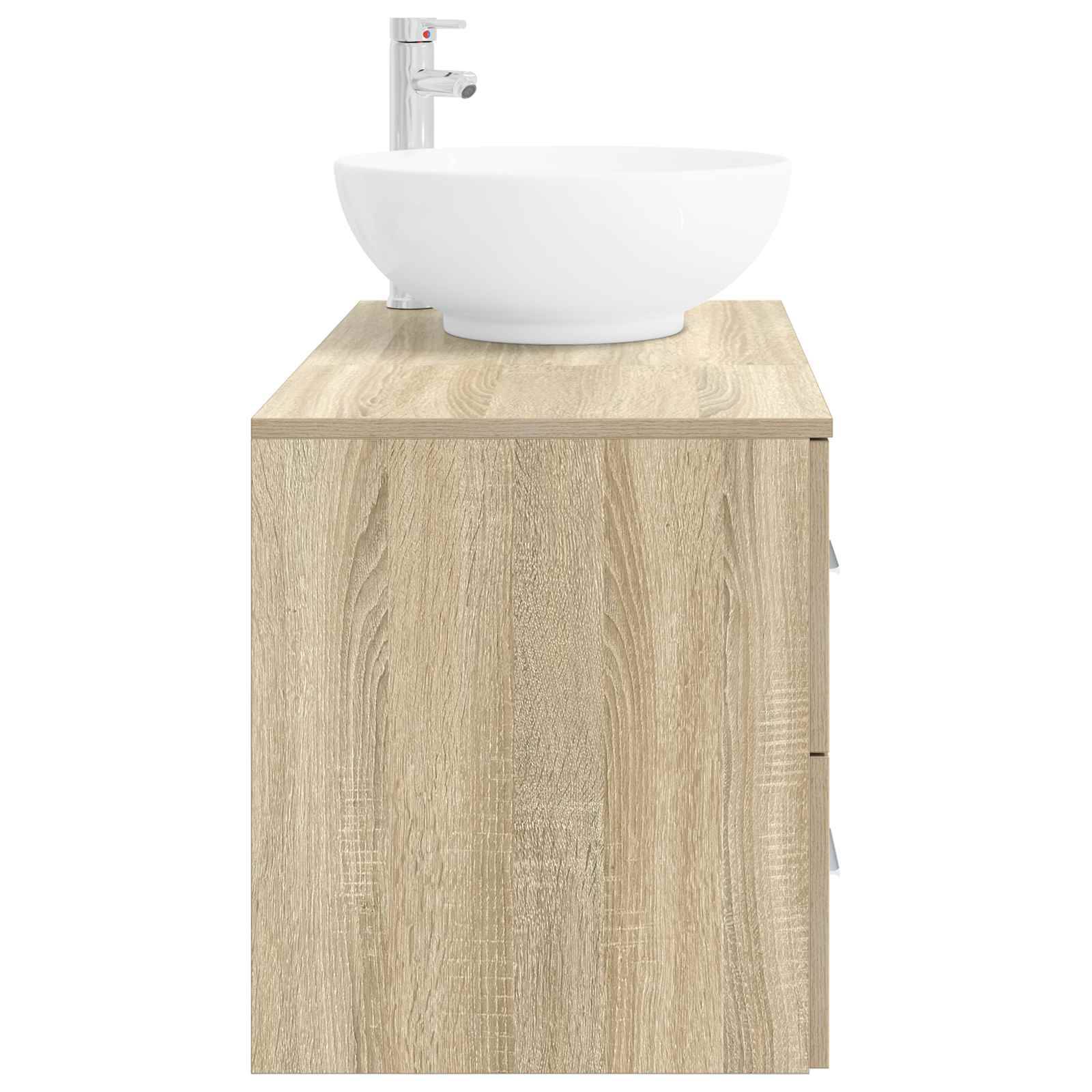 Helleres Holz-Badezimmerschrank mit weißem Aufsatzwaschbecken und Chromarmatur oben.