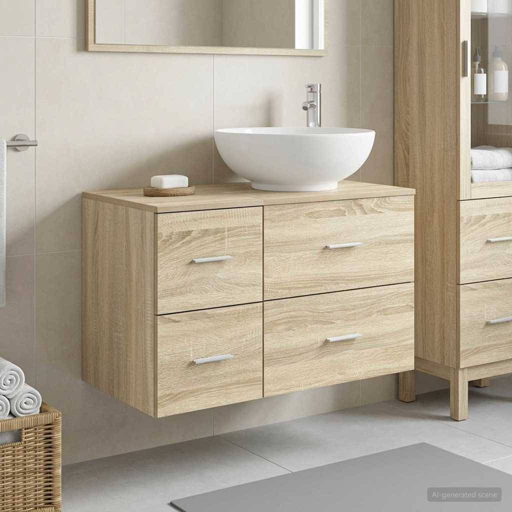 Moderner Badezimmerunterschrank mit hellem Holzschrank, vier Schubladen, weißem Aufsatzwaschbecken, Spiegel darüber und einem Korbhandtuchkorb auf dem Boden.