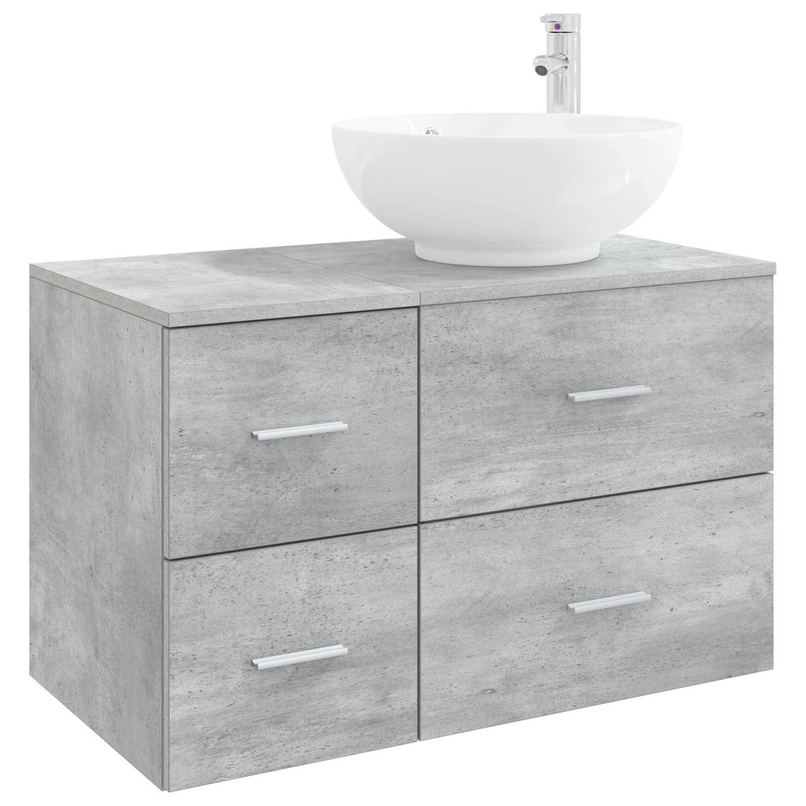 Badezimmer-Waschtischschrank im Betonlook mit vier Schubladen und weißem Aufsatzwaschbecken oben