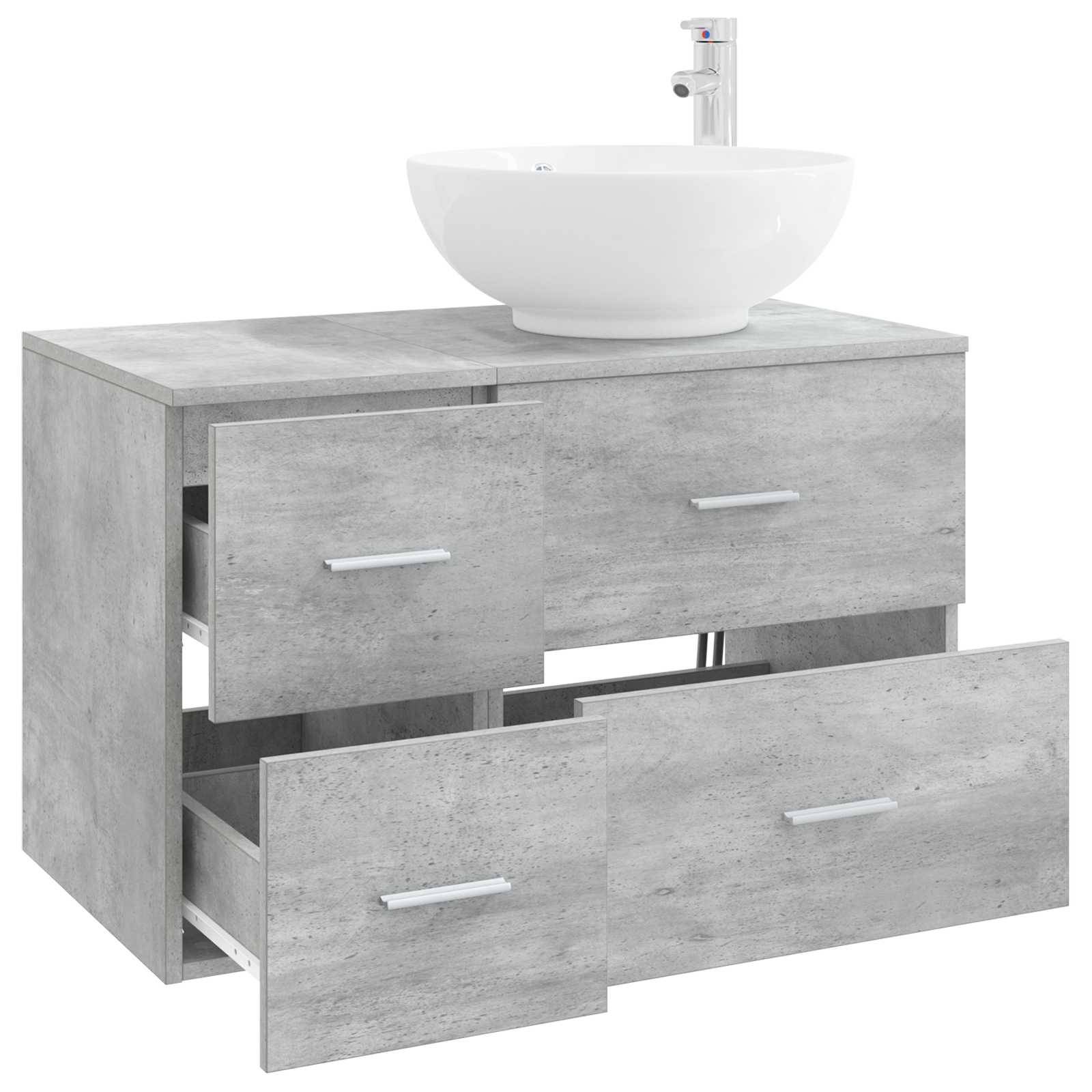 Moderner grauer Badezimmer-Waschtischschrank mit weißem Aufsatzwaschbecken und Armatur oben, mit zwei offenen Schubladen, die den Stauraum zeigen.